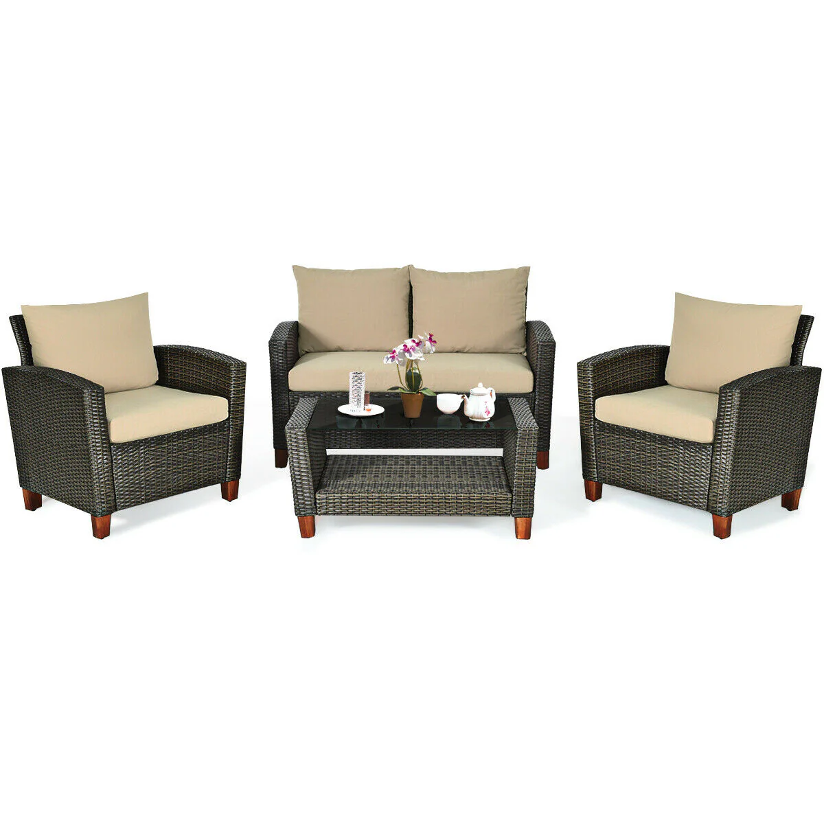 4 Piece Patio Rattan Furniture Set With Cushions, Brown - Image 6