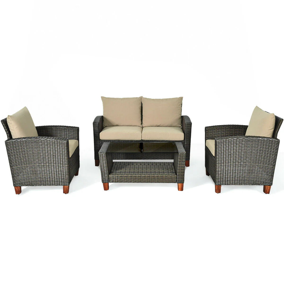4 Piece Patio Rattan Furniture Set With Cushions, Brown - Image 7