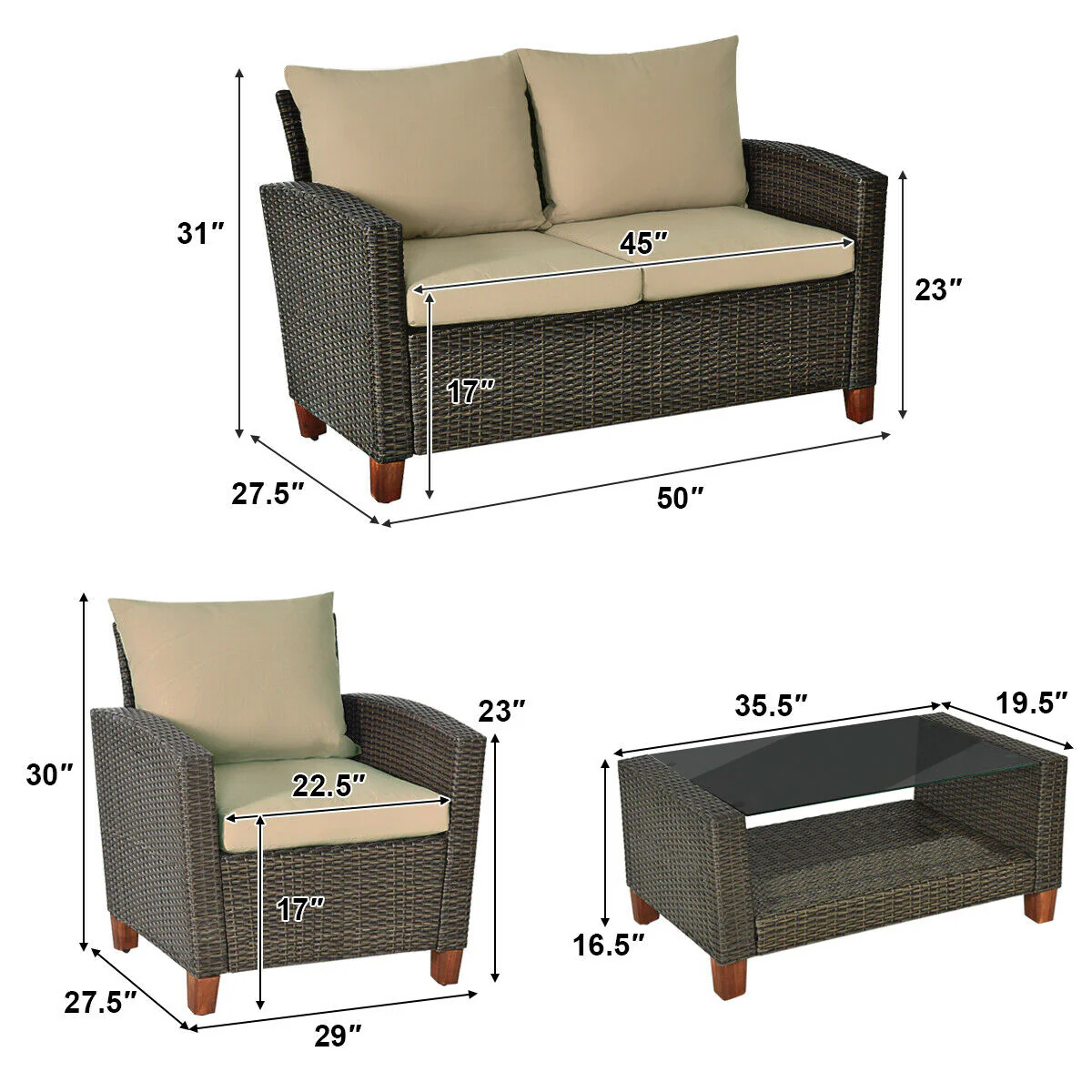 4 Piece Patio Rattan Furniture Set With Cushions, Brown - Image 8