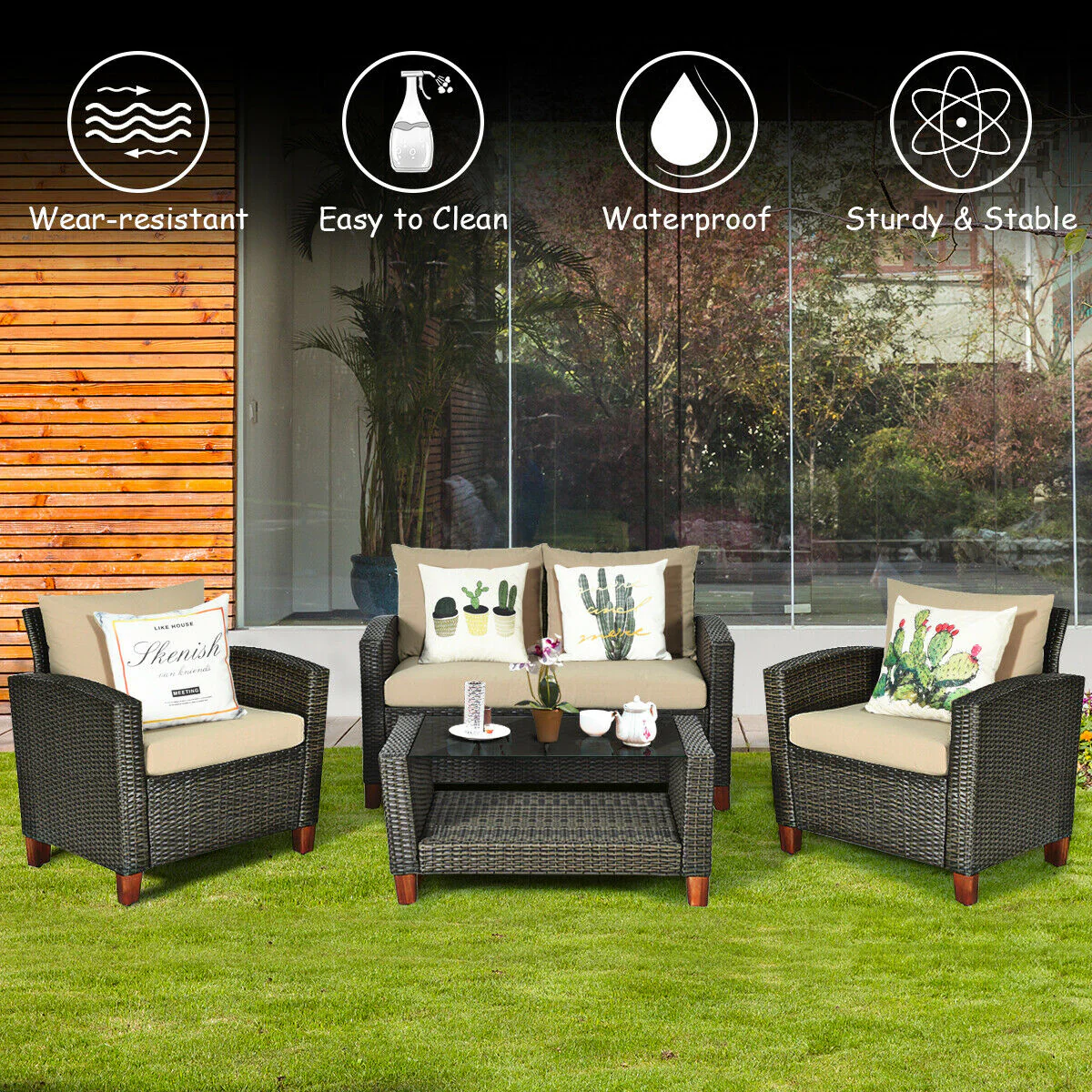 4 Piece Patio Rattan Furniture Set With Cushions, Brown - Image 9