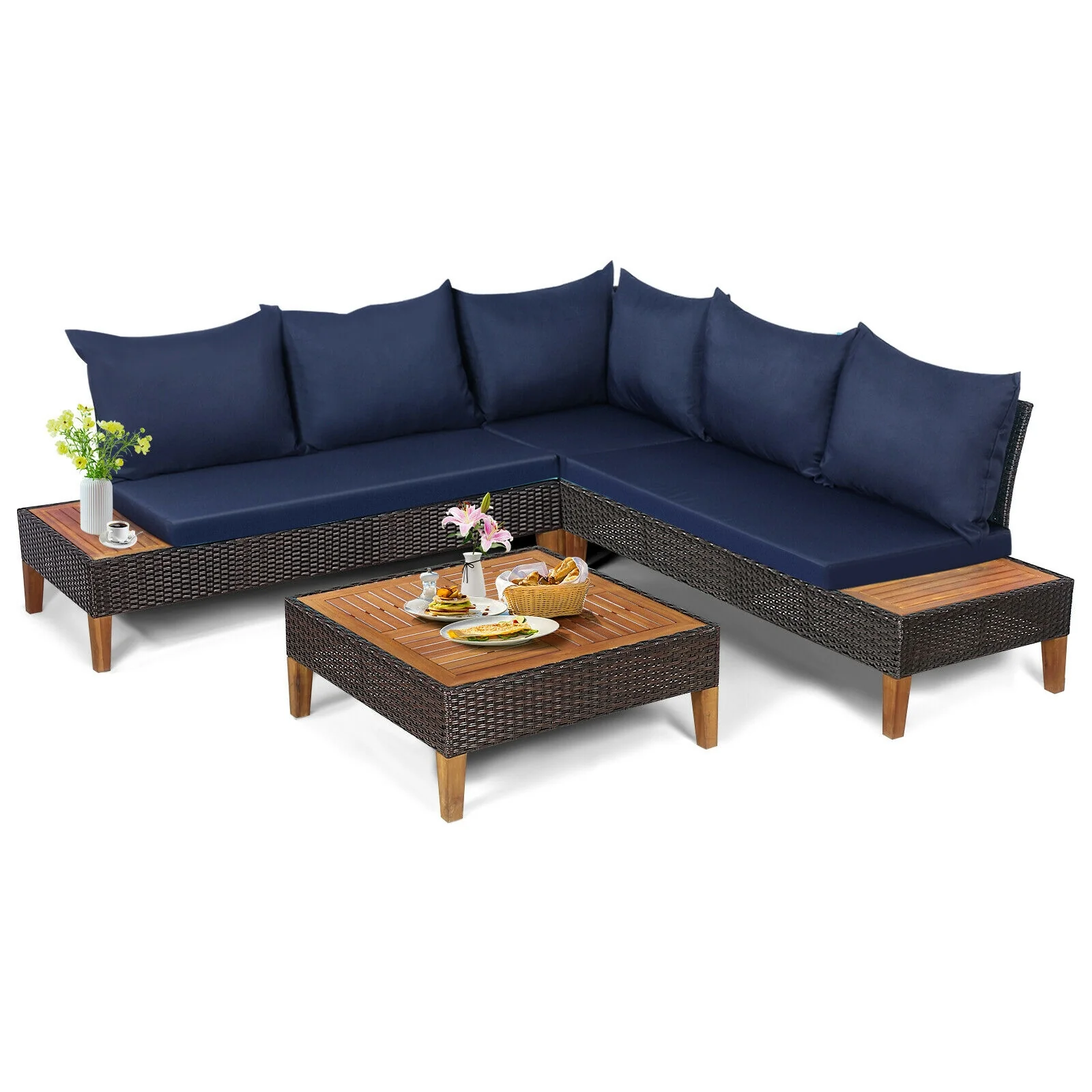 4 Piece Patio Rattan Furniture Set, Wooden Side Table, Navy - Image 10