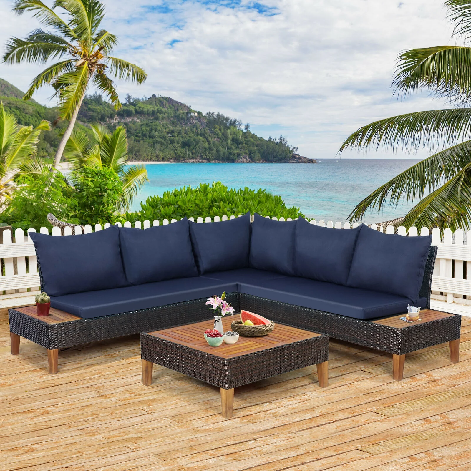 4 Piece Patio Rattan Furniture Set, Wooden Side Table, Navy - Image 2
