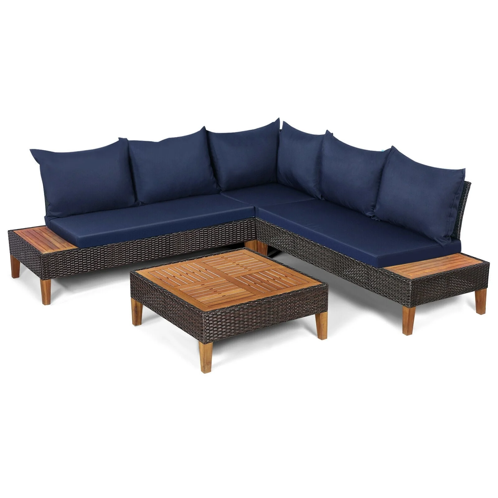 4 Piece Patio Rattan Furniture Set, Wooden Side Table, Navy - Image 4