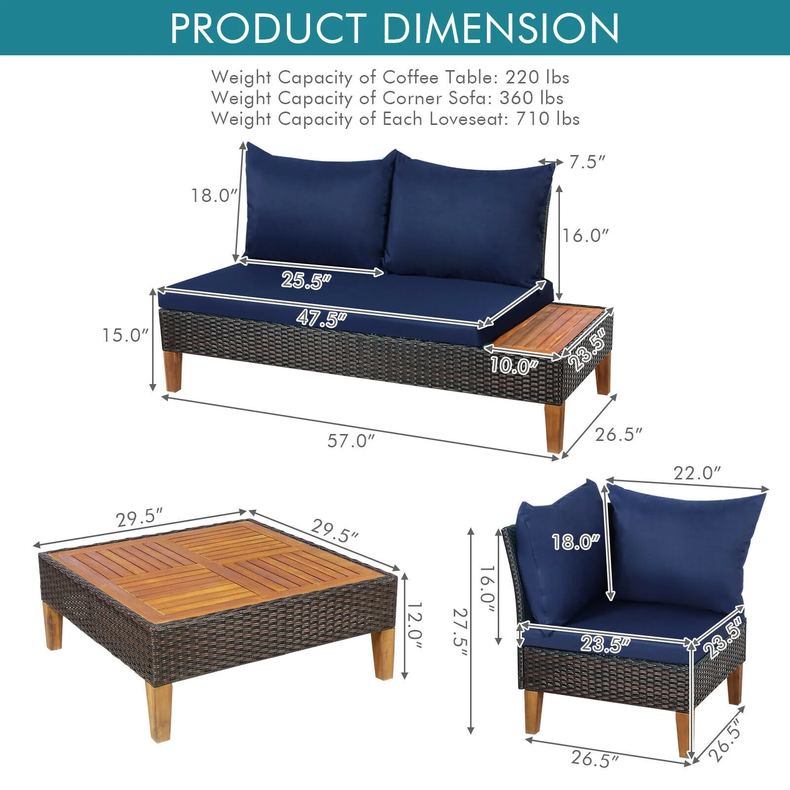 4 Piece Patio Rattan Furniture Set, Wooden Side Table, Navy - Image 5
