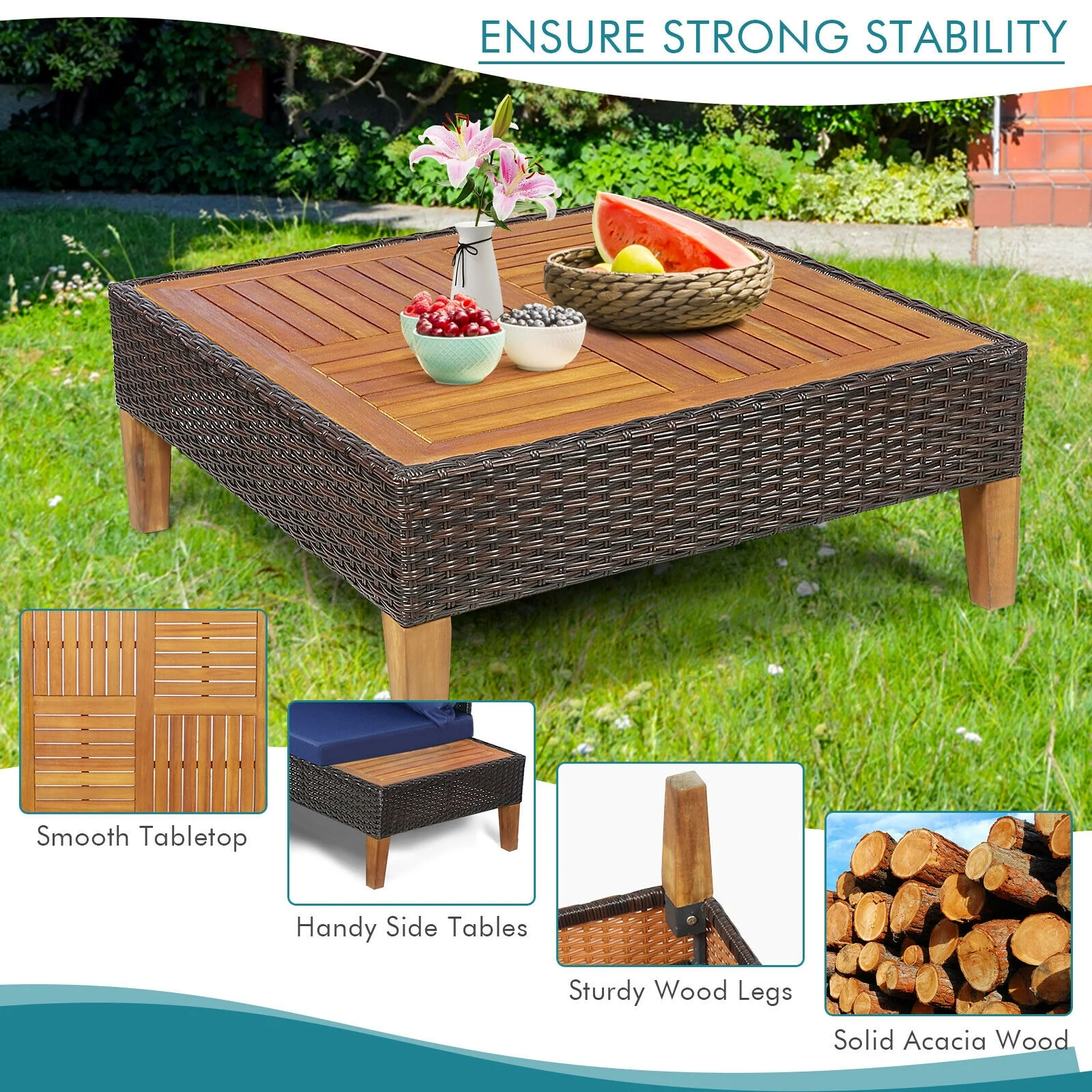 4 Piece Patio Rattan Furniture Set, Wooden Side Table, Navy - Image 6