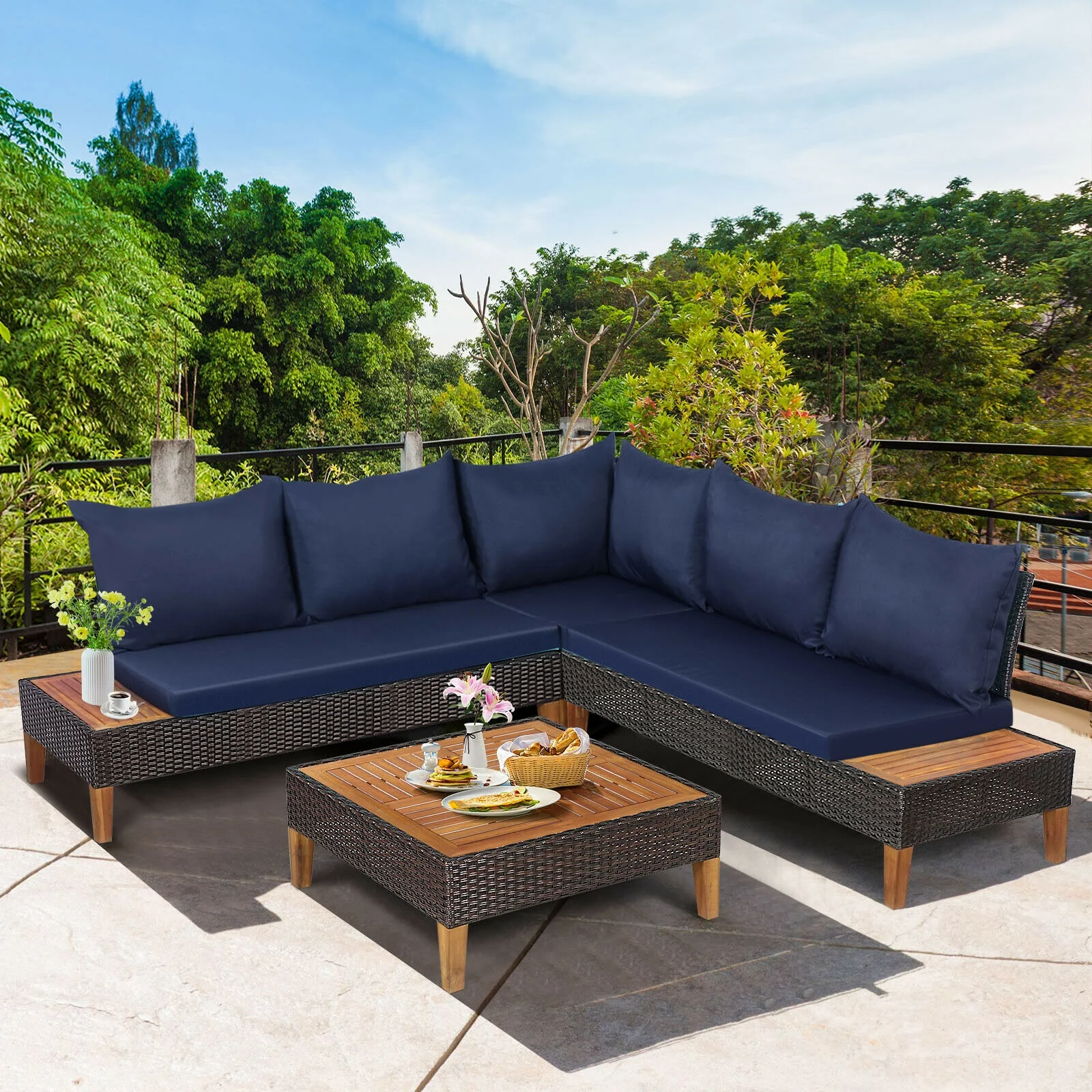 4 Piece Patio Rattan Furniture Set, Wooden Side Table, Navy - Image 7