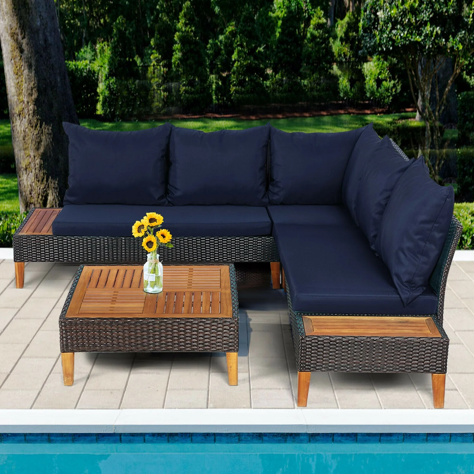 4 Piece Patio Rattan Furniture Set, Wooden Side Table, Navy - Image 8