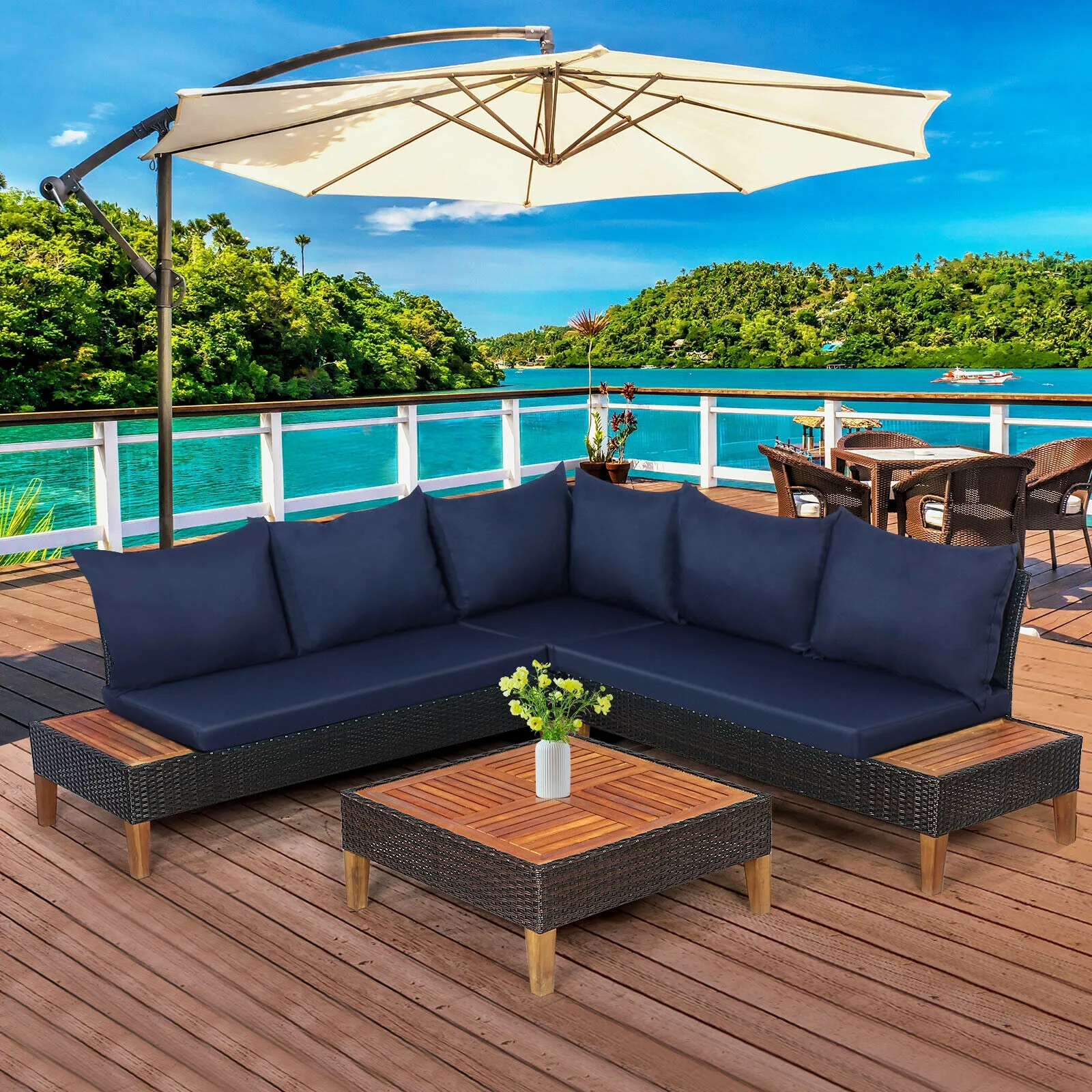 4 Piece Patio Rattan Furniture Set, Wooden Side Table, Navy - Image 9