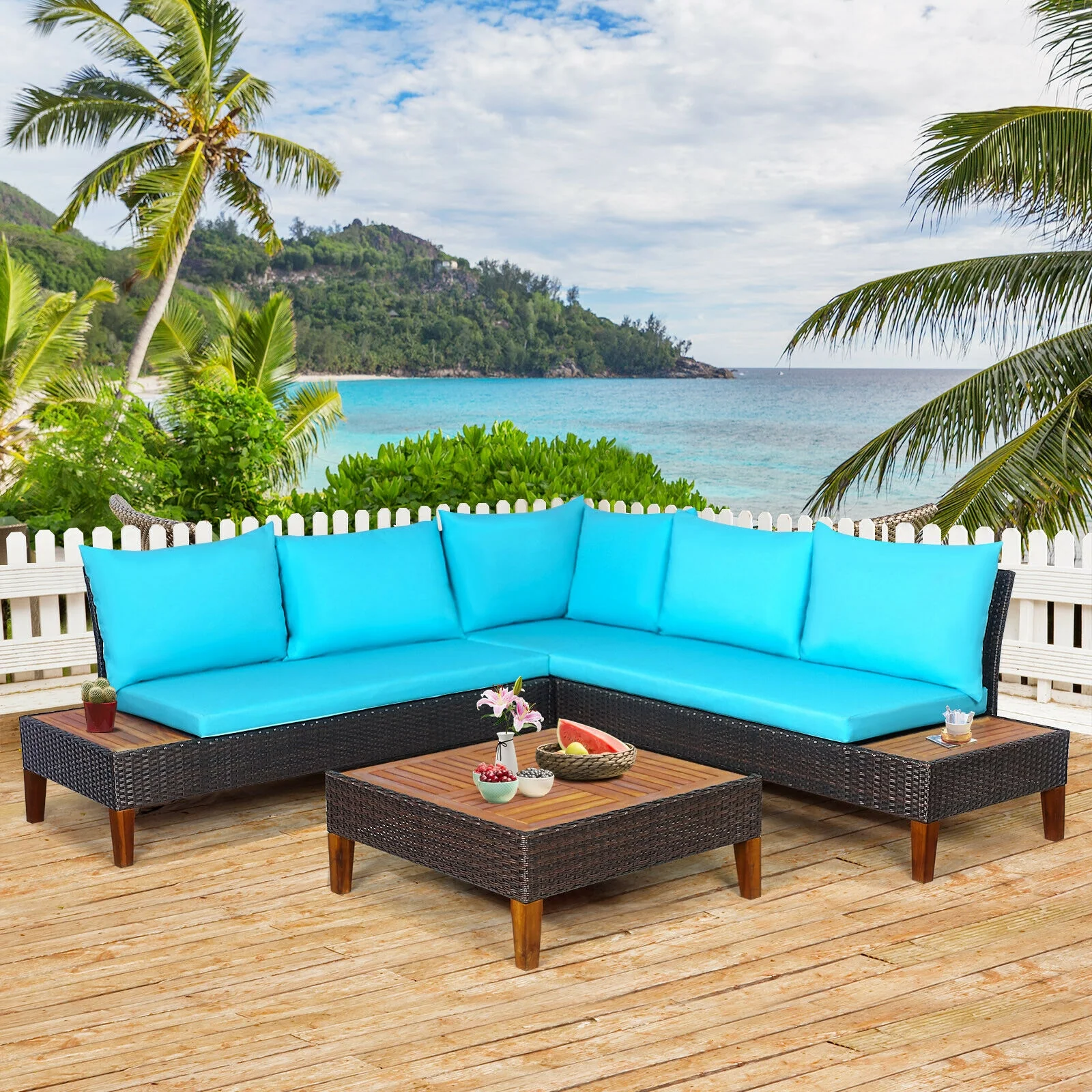 4 Piece Patio Rattan Furniture Set, Wooden Side Table, Turquoise - Image 2