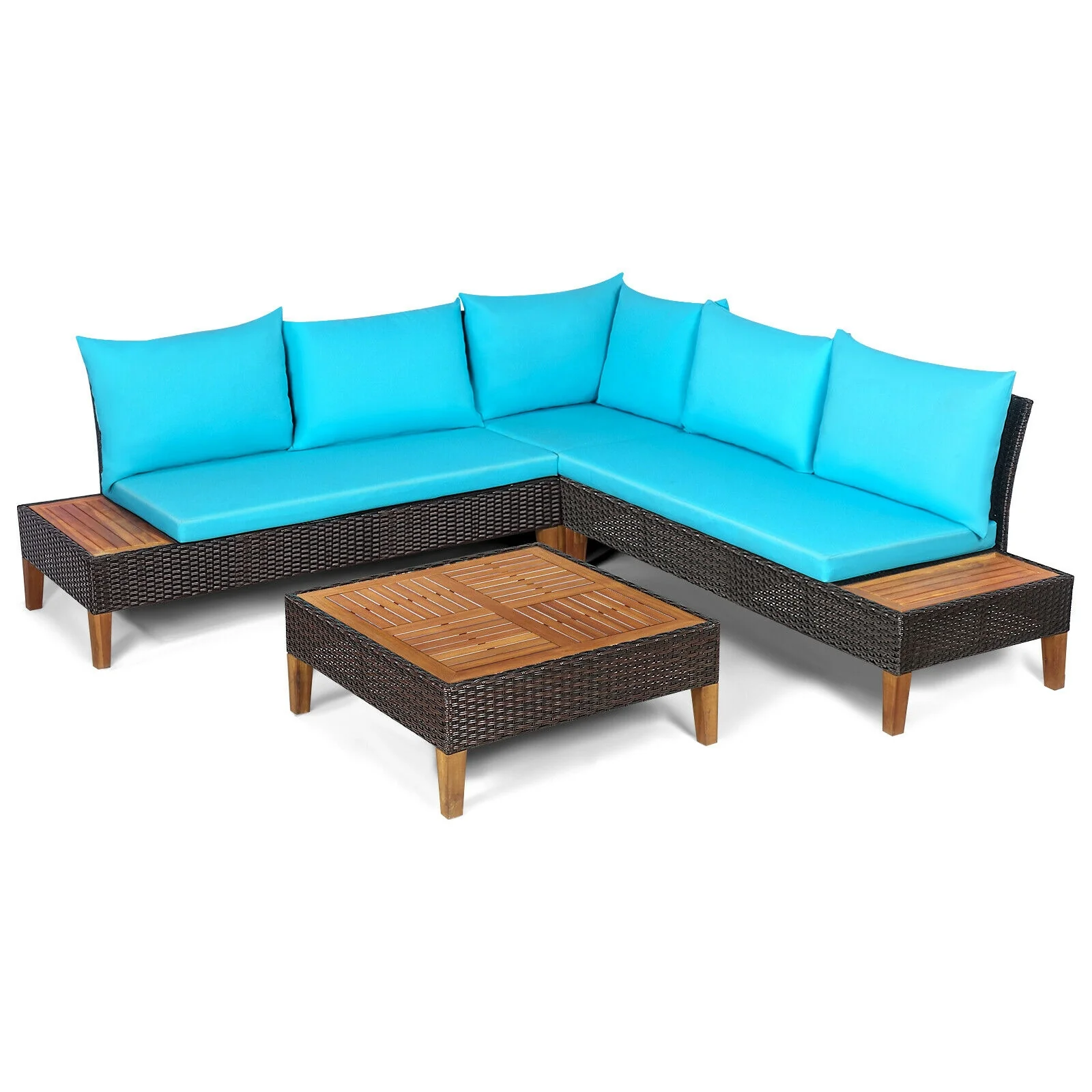 4 Piece Patio Rattan Furniture Set, Wooden Side Table, Turquoise - Image 4