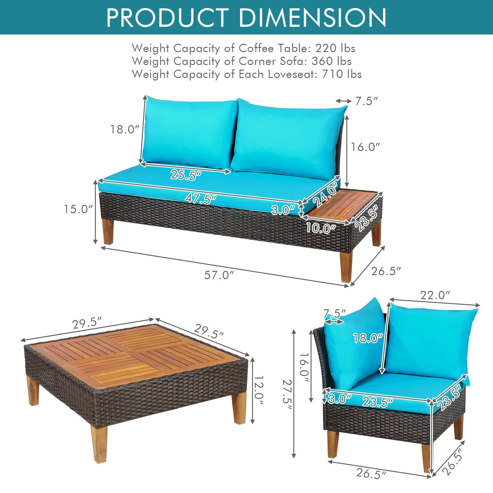 4 Piece Patio Rattan Furniture Set, Wooden Side Table, Turquoise - Image 5