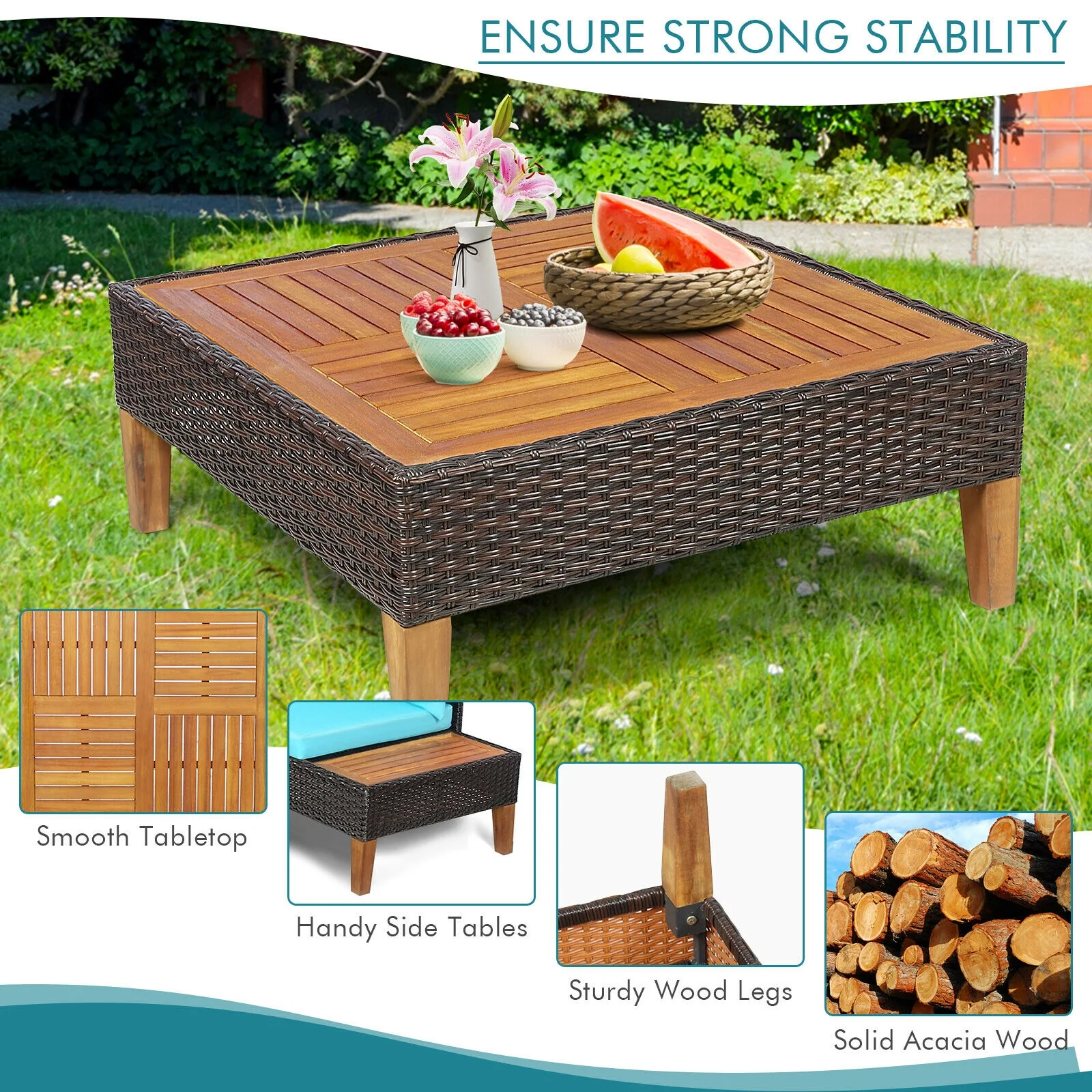 4 Piece Patio Rattan Furniture Set, Wooden Side Table, Turquoise - Image 6