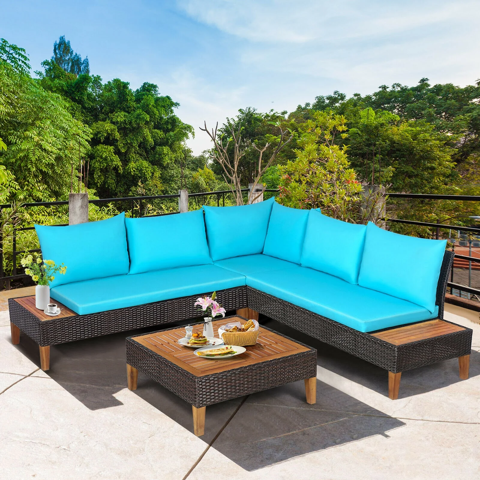 4 Piece Patio Rattan Furniture Set, Wooden Side Table, Turquoise - Image 7