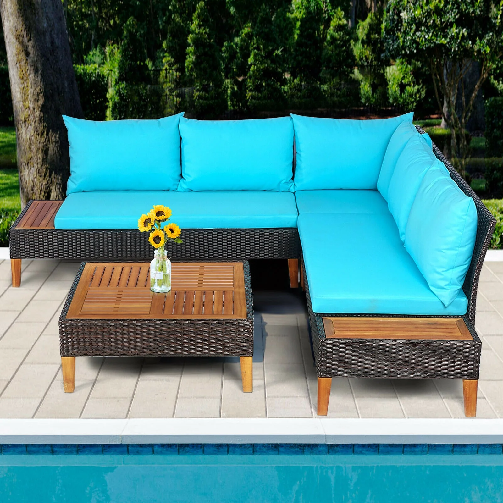 4 Piece Patio Rattan Furniture Set, Wooden Side Table, Turquoise - Image 8