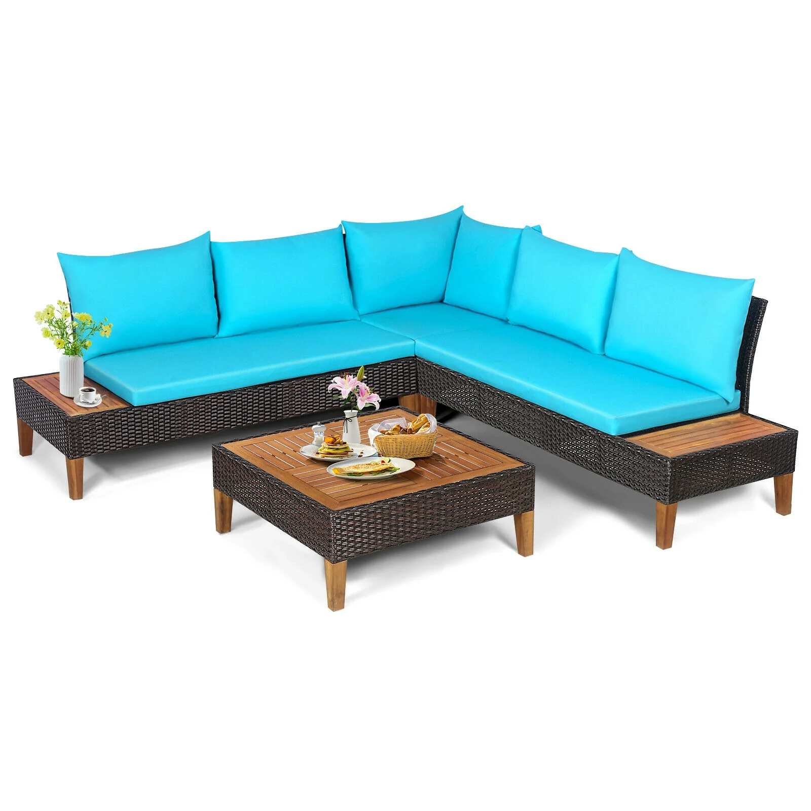 4 Piece Patio Rattan Furniture Set, Wooden Side Table, Turquoise - Image 9