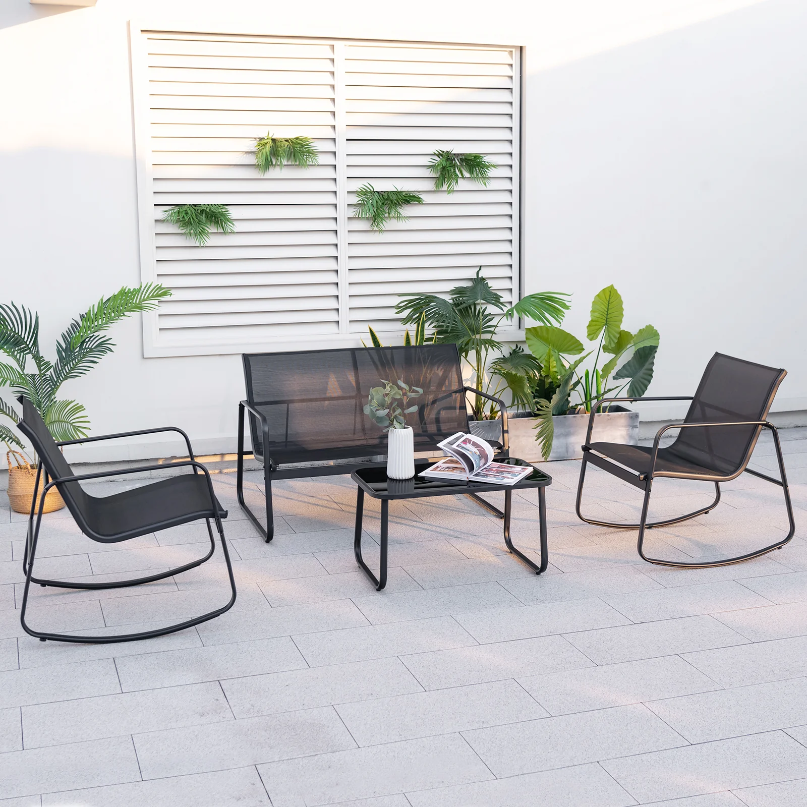 4 Piece Patio Rocking Set, Glass-Top Table, Black - Image 2