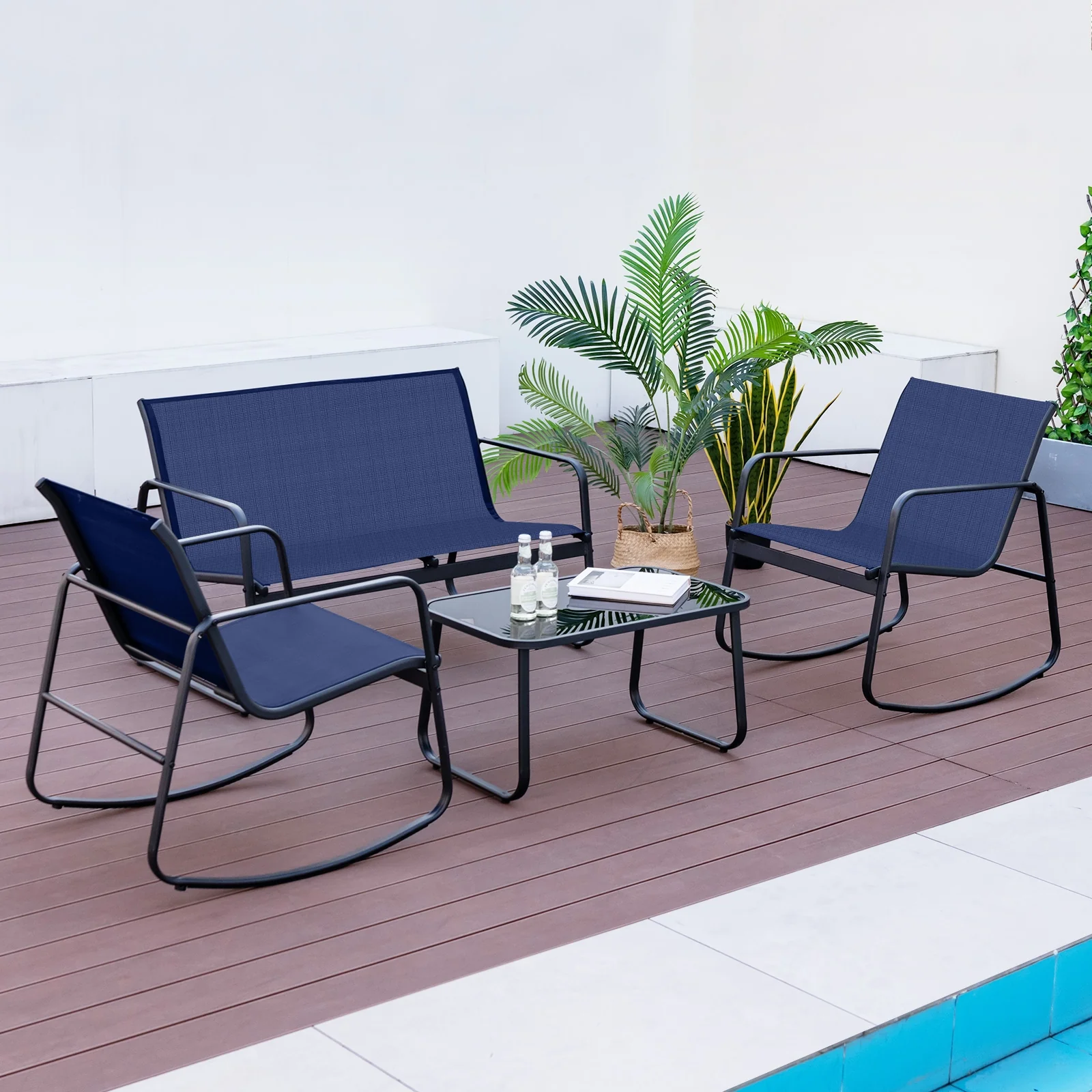 4 Piece Patio Rocking Set, Glass-Top Table, Navy - Image 3