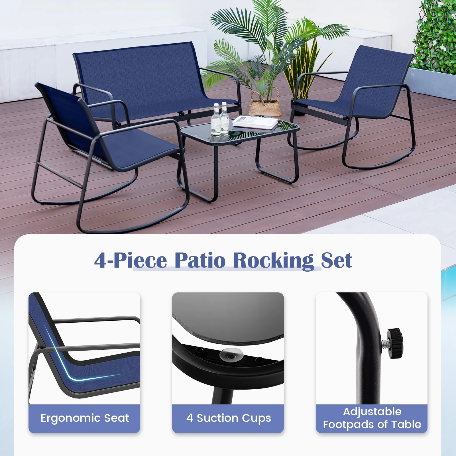 4 Piece Patio Rocking Set, Glass-Top Table, Navy - Image 9