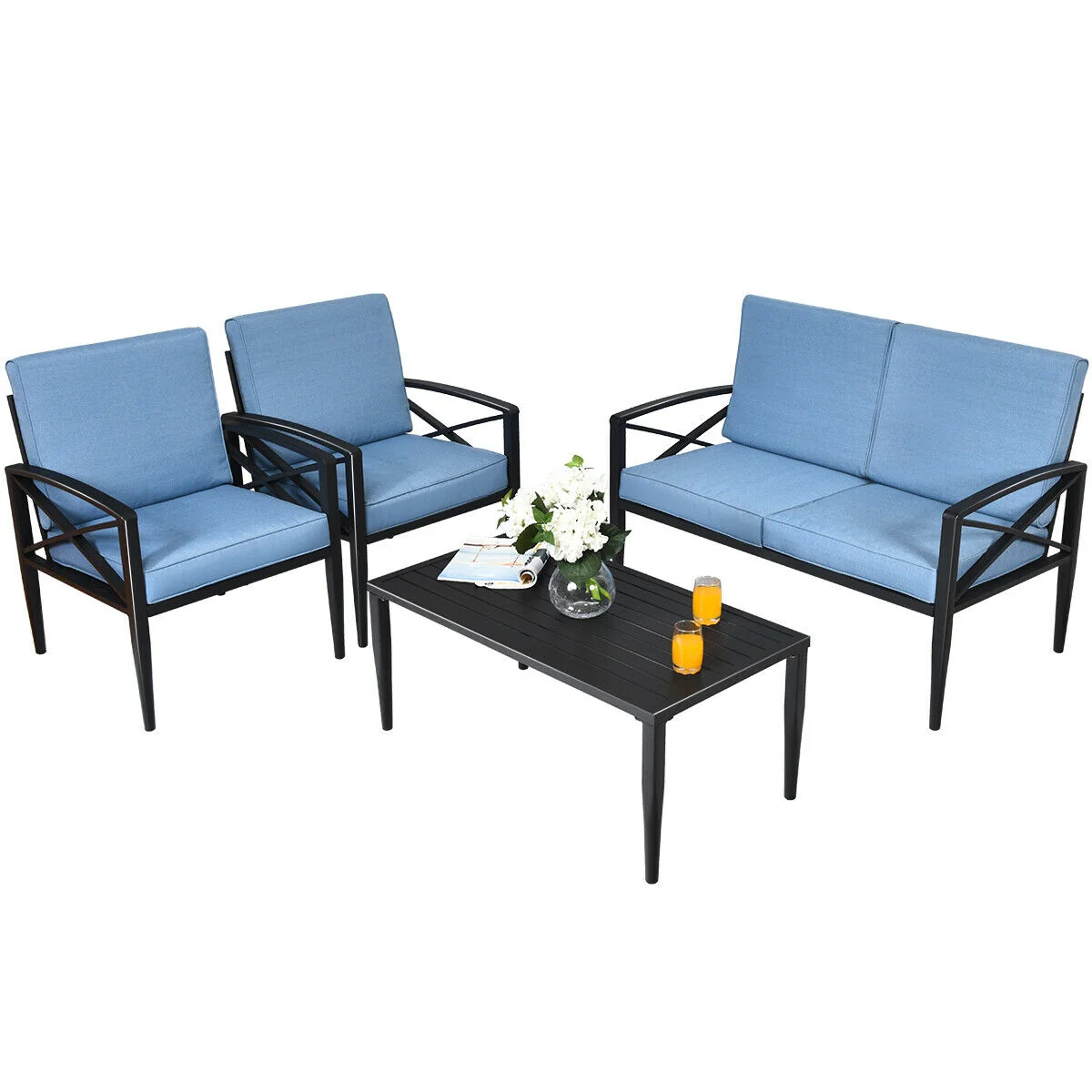 4-Piece Patio Set, Aluminum Frame, Cushioned Sofa, Black