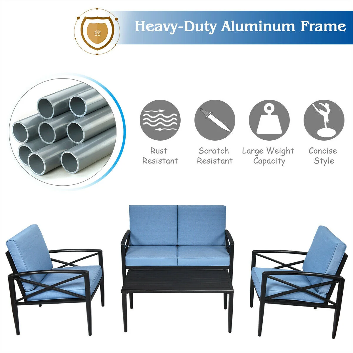 4-Piece Patio Set, Aluminum Frame, Cushioned Sofa, Black - Image 10