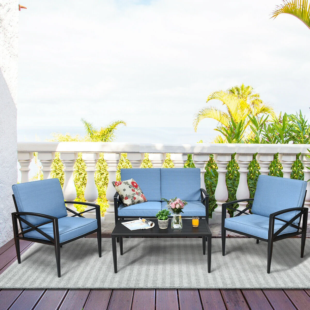 4-Piece Patio Set, Aluminum Frame, Cushioned Sofa, Black - Image 2