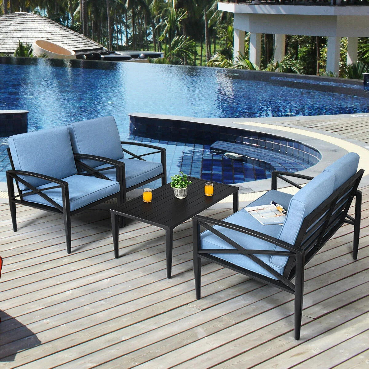 4-Piece Patio Set, Aluminum Frame, Cushioned Sofa, Black - Image 3
