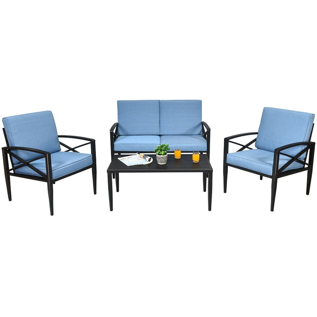 4-Piece Patio Set, Aluminum Frame, Cushioned Sofa, Black - Image 4