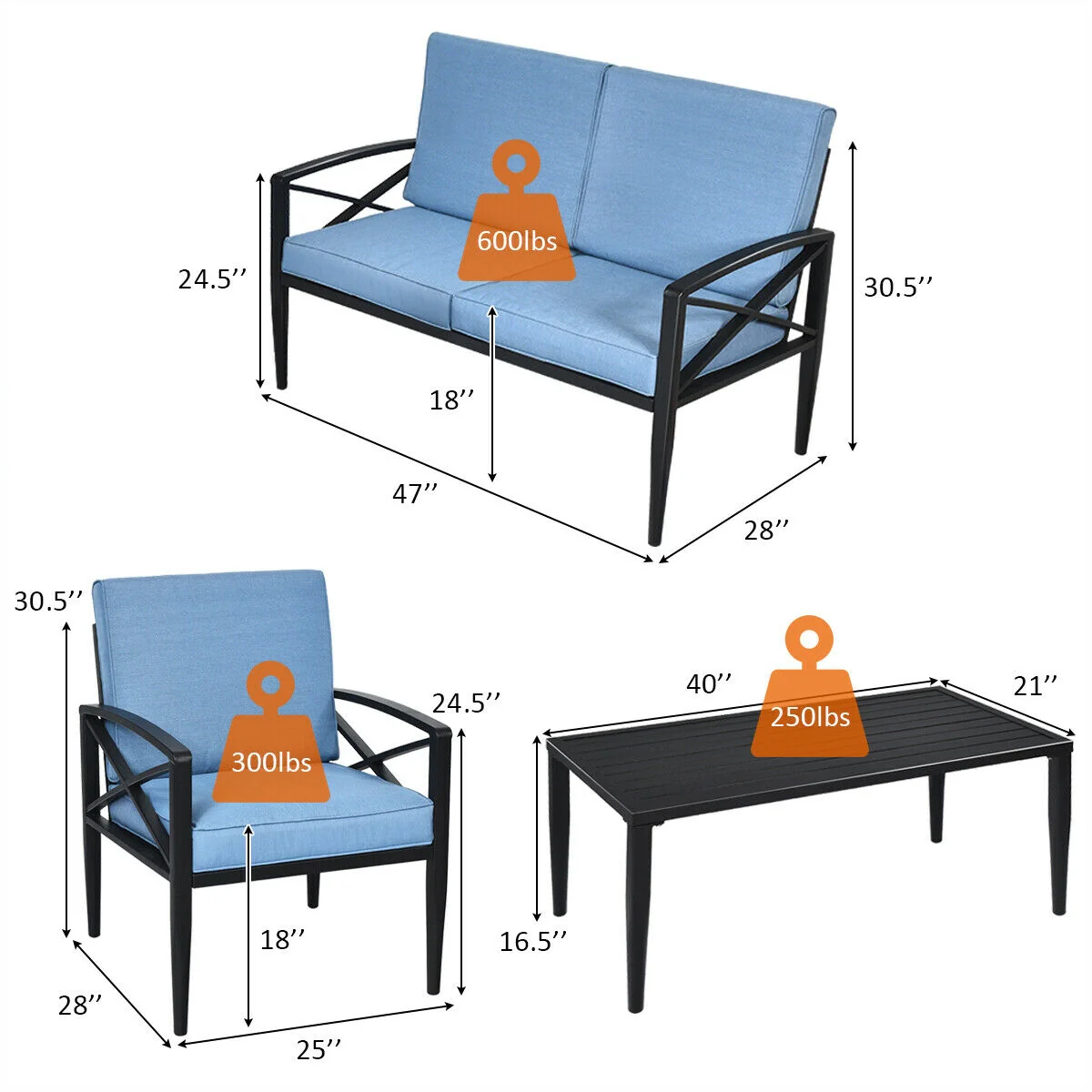 4-Piece Patio Set, Aluminum Frame, Cushioned Sofa, Black - Image 6