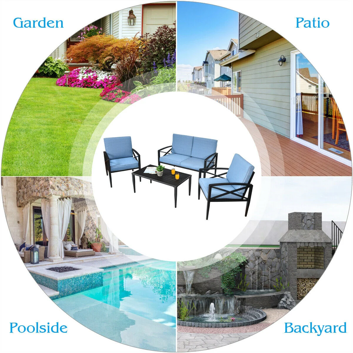 4-Piece Patio Set, Aluminum Frame, Cushioned Sofa, Black - Image 7