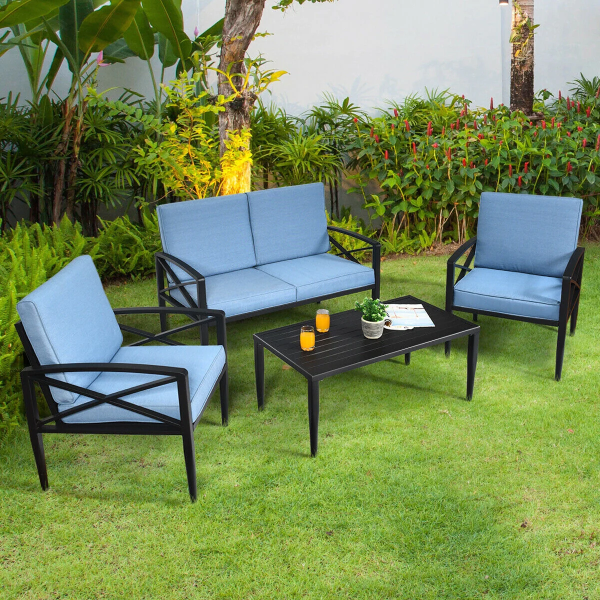 4-Piece Patio Set, Aluminum Frame, Cushioned Sofa, Black - Image 8