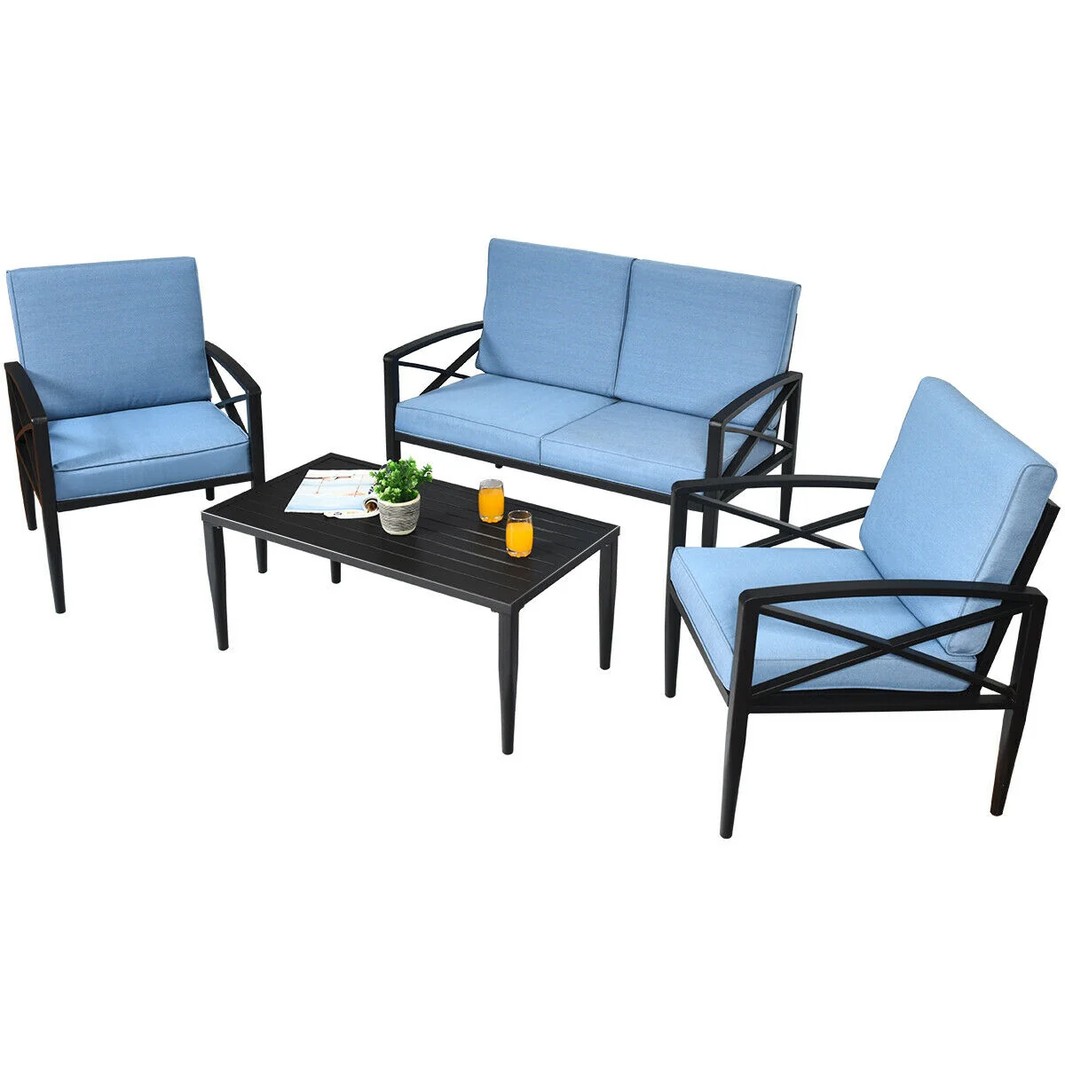4-Piece Patio Set, Aluminum Frame, Cushioned Sofa, Black - Image 9