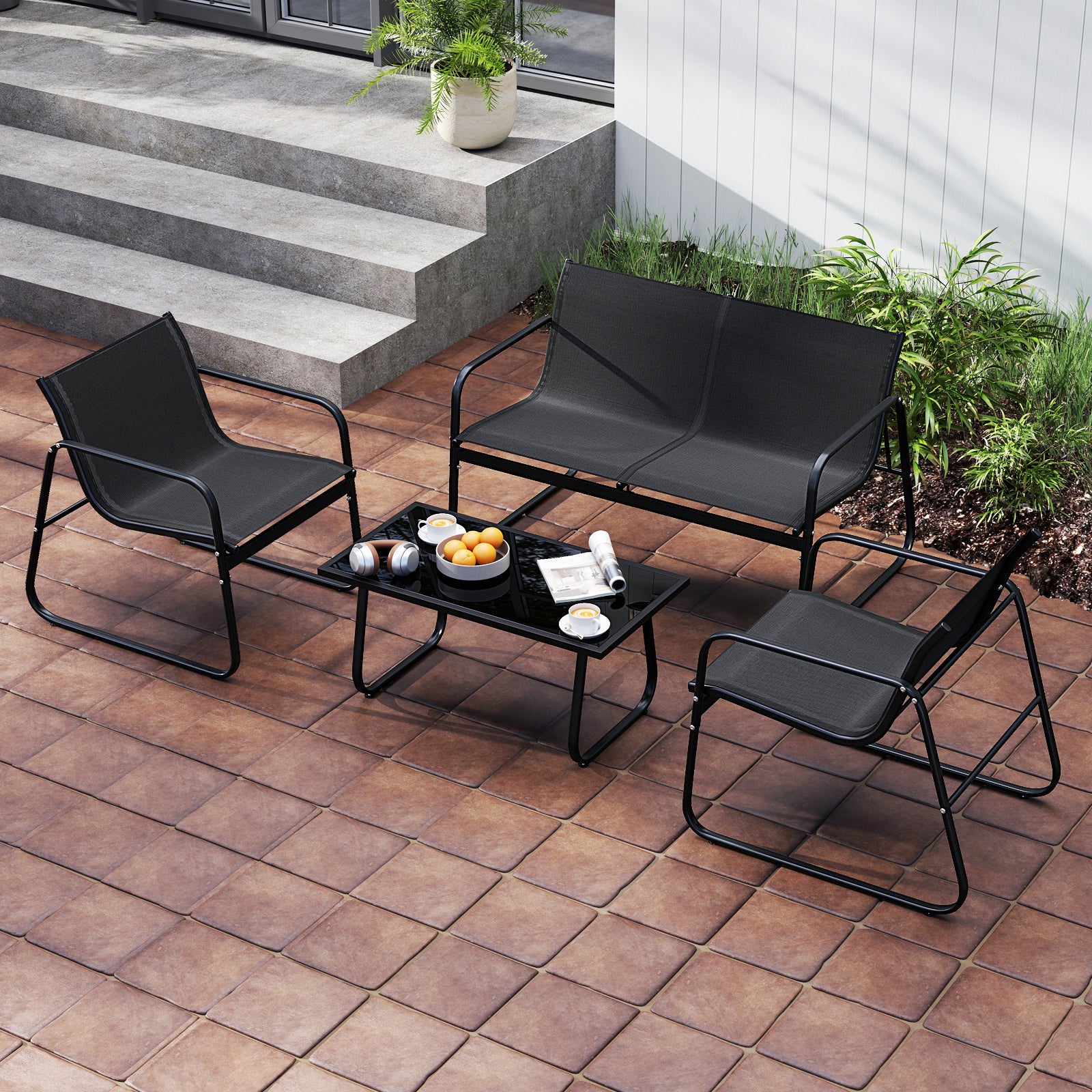 4 Piece Patio Set, Fabric Lawn Chairs, Loveseat, Glass Coffee Table, Black - Image 2