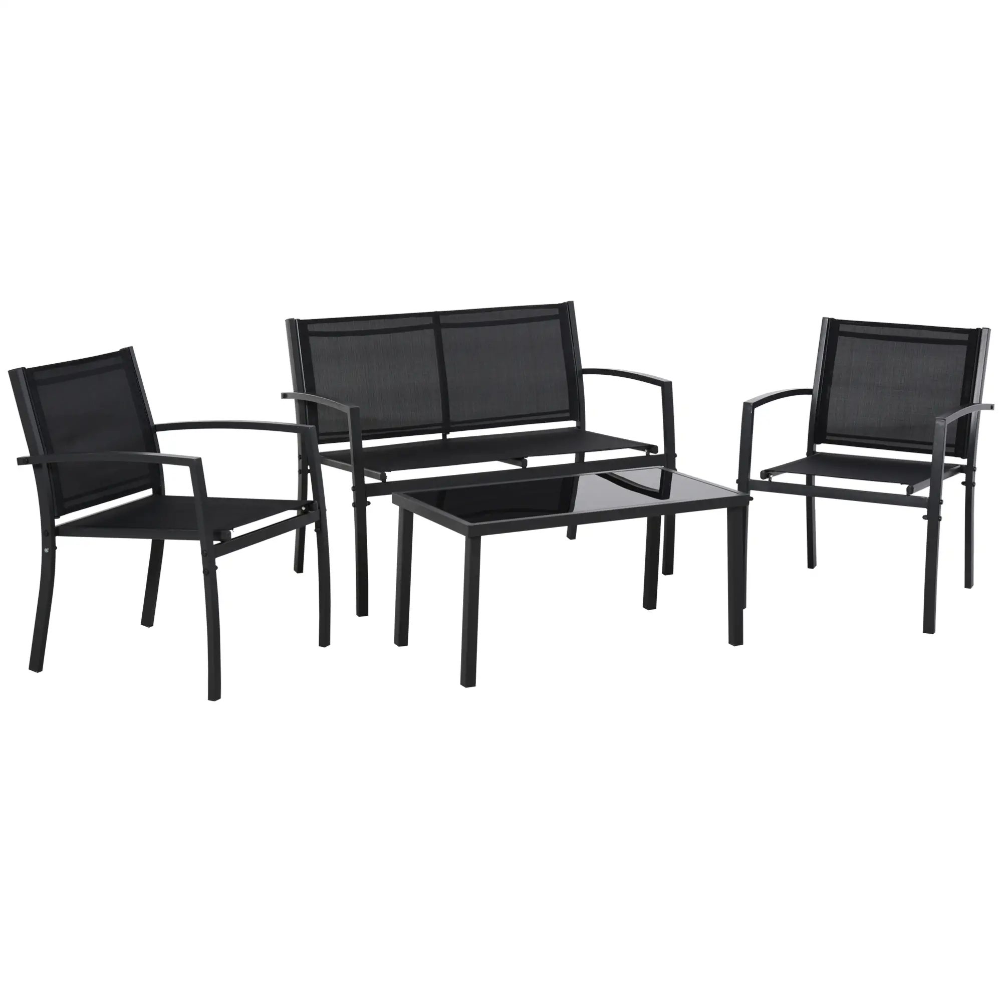 4-Piece Patio Set, Glass Top Coffee Table, Breathable Mesh, Black