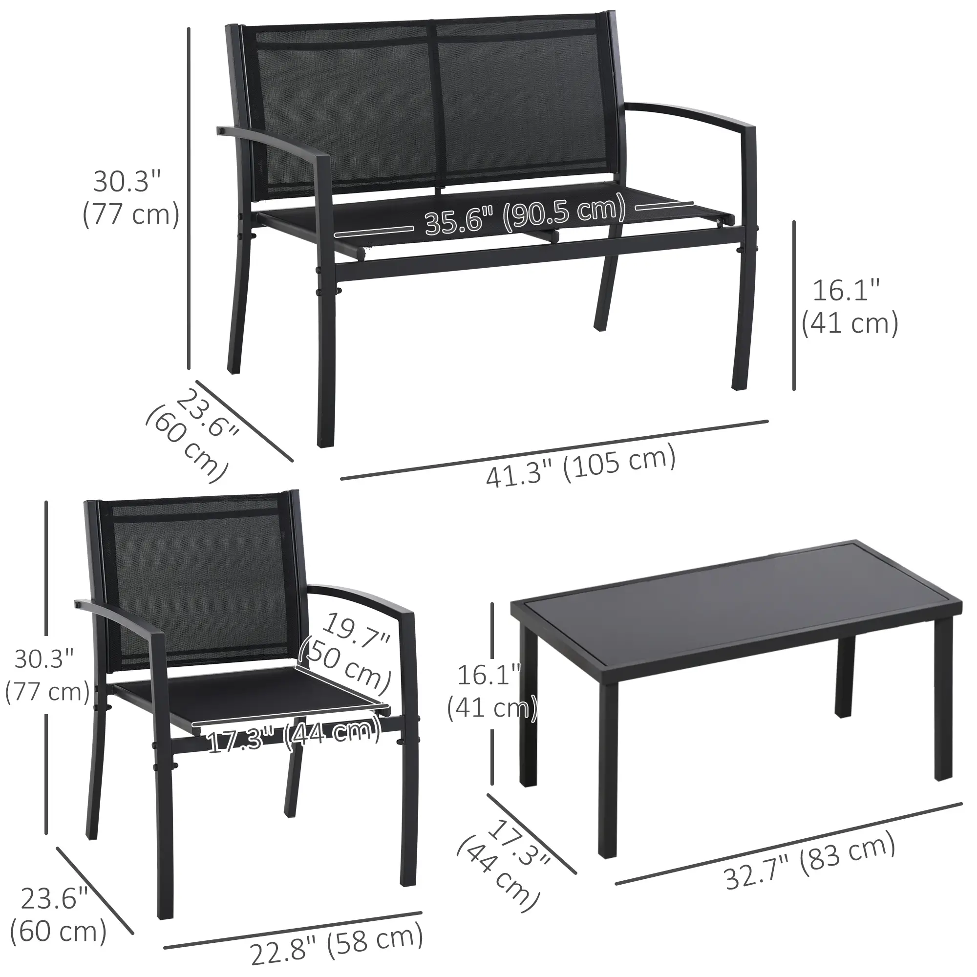 4-Piece Patio Set, Glass Top Coffee Table, Breathable Mesh, Black - Image 3