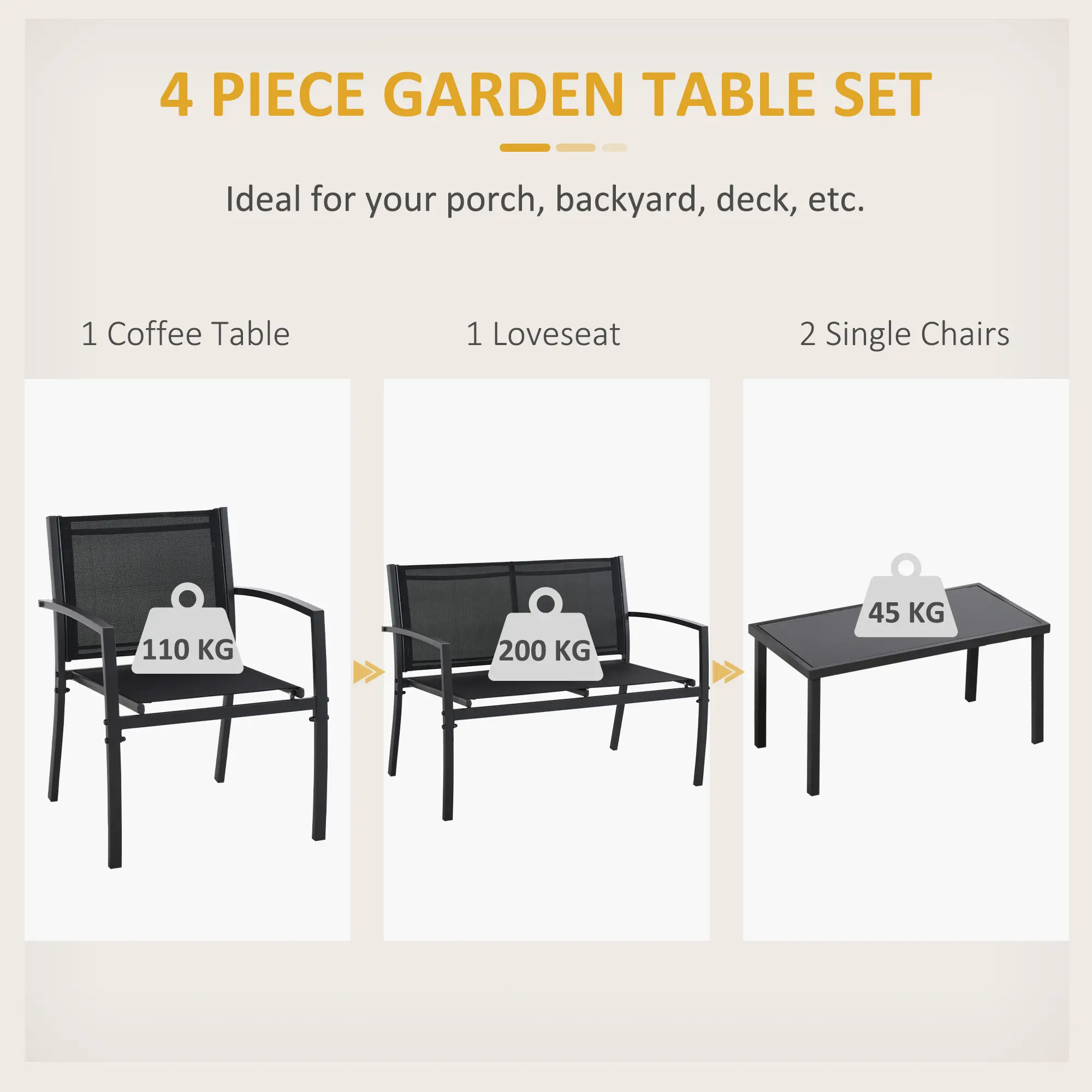 4-Piece Patio Set, Glass Top Coffee Table, Breathable Mesh, Black - Image 4