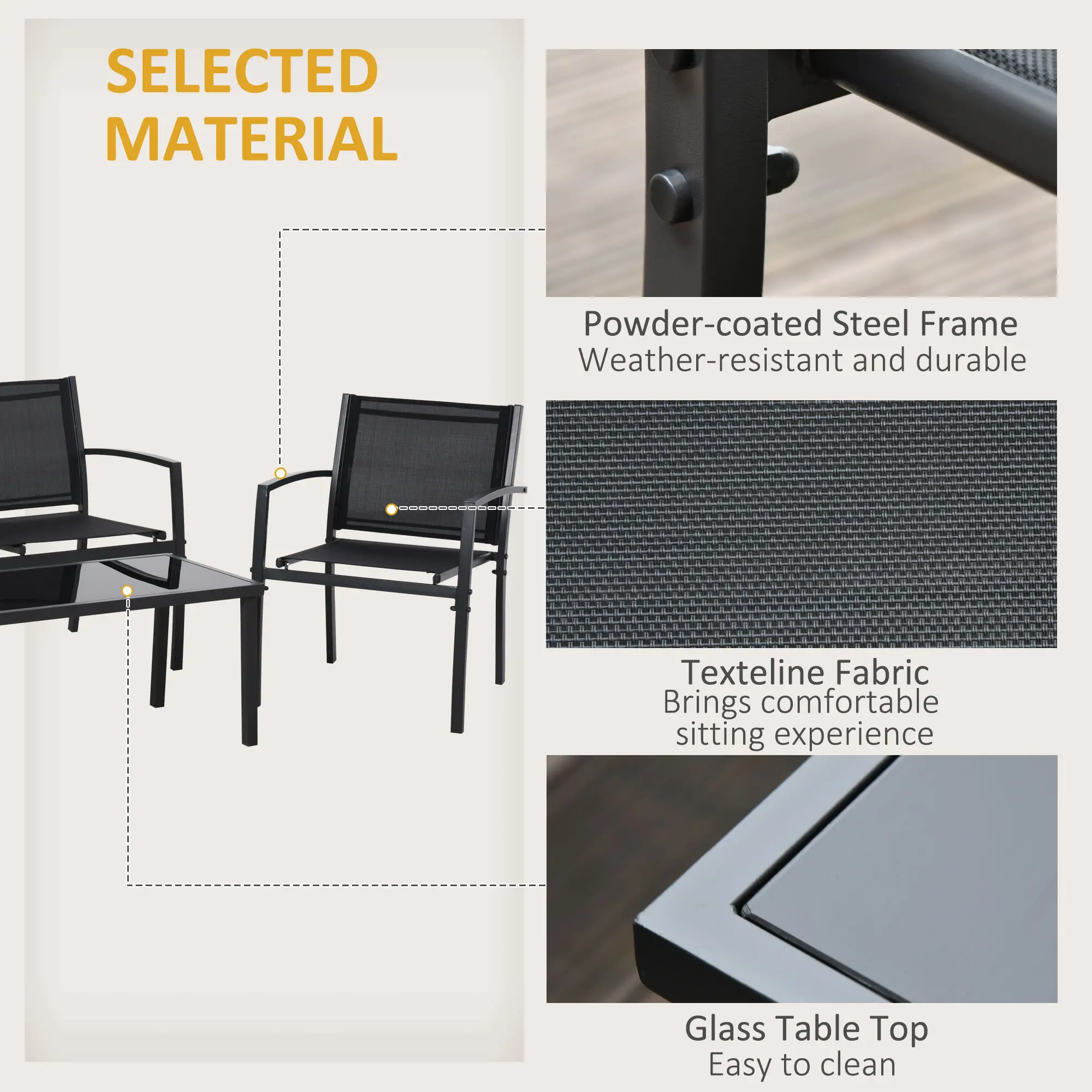 4-Piece Patio Set, Glass Top Coffee Table, Breathable Mesh, Black - Image 5