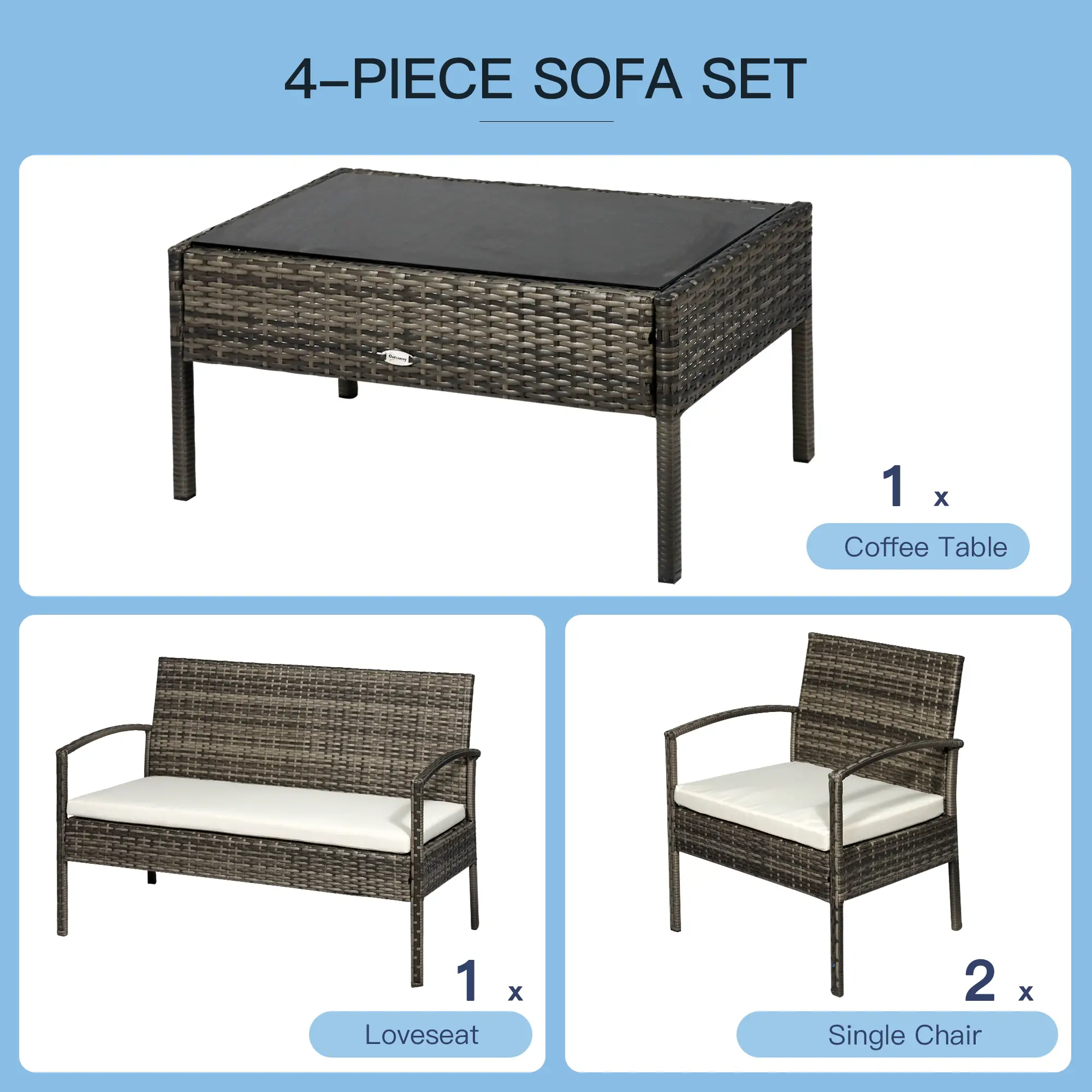 4-Piece Patio Set, Loveseat, 2 Armchairs, Coffee Table, PE Rattan, Cushions, Grey, Cream - Image 4