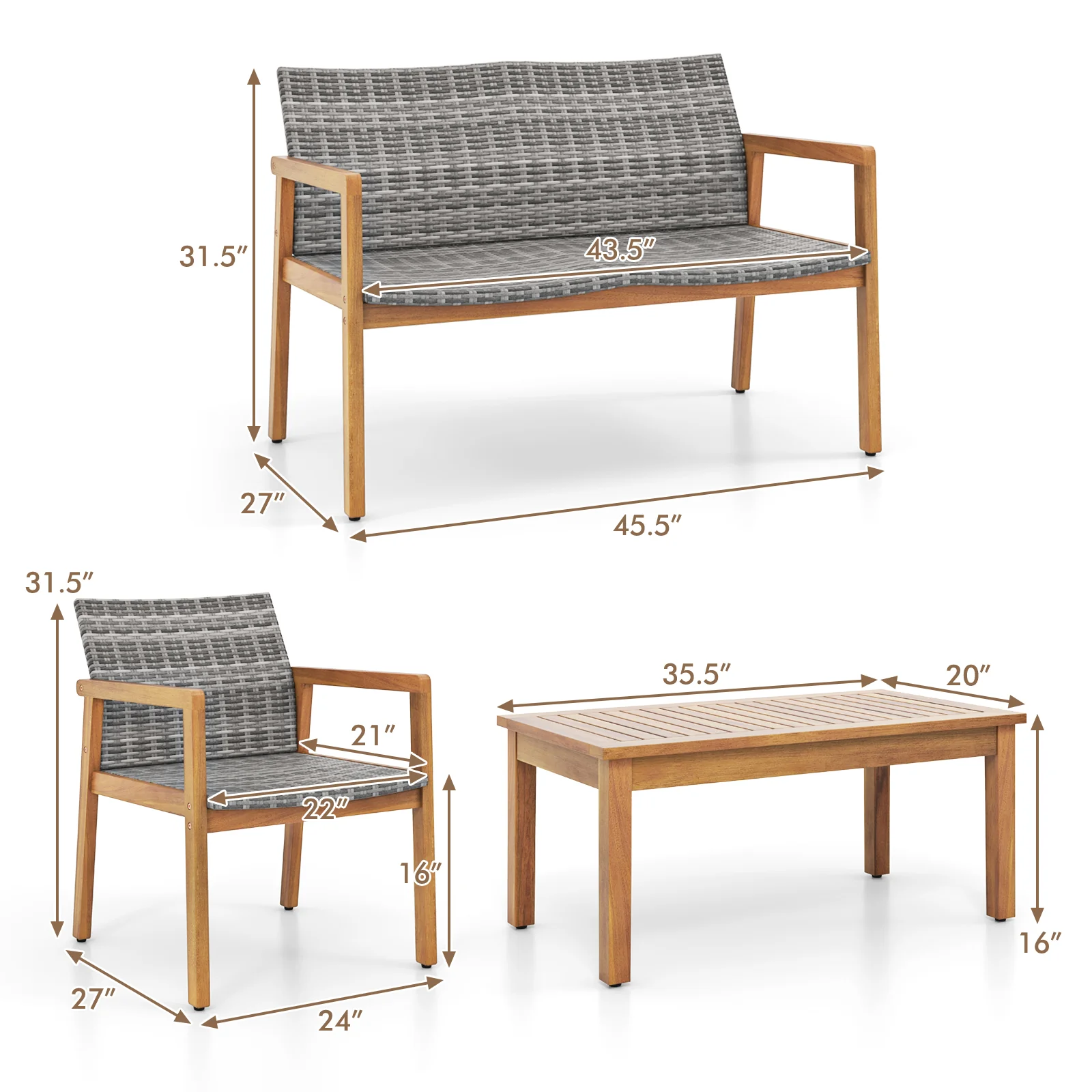 4-Piece Patio Set, Loveseat, Chairs, Coffee Table, Natural - Image 6