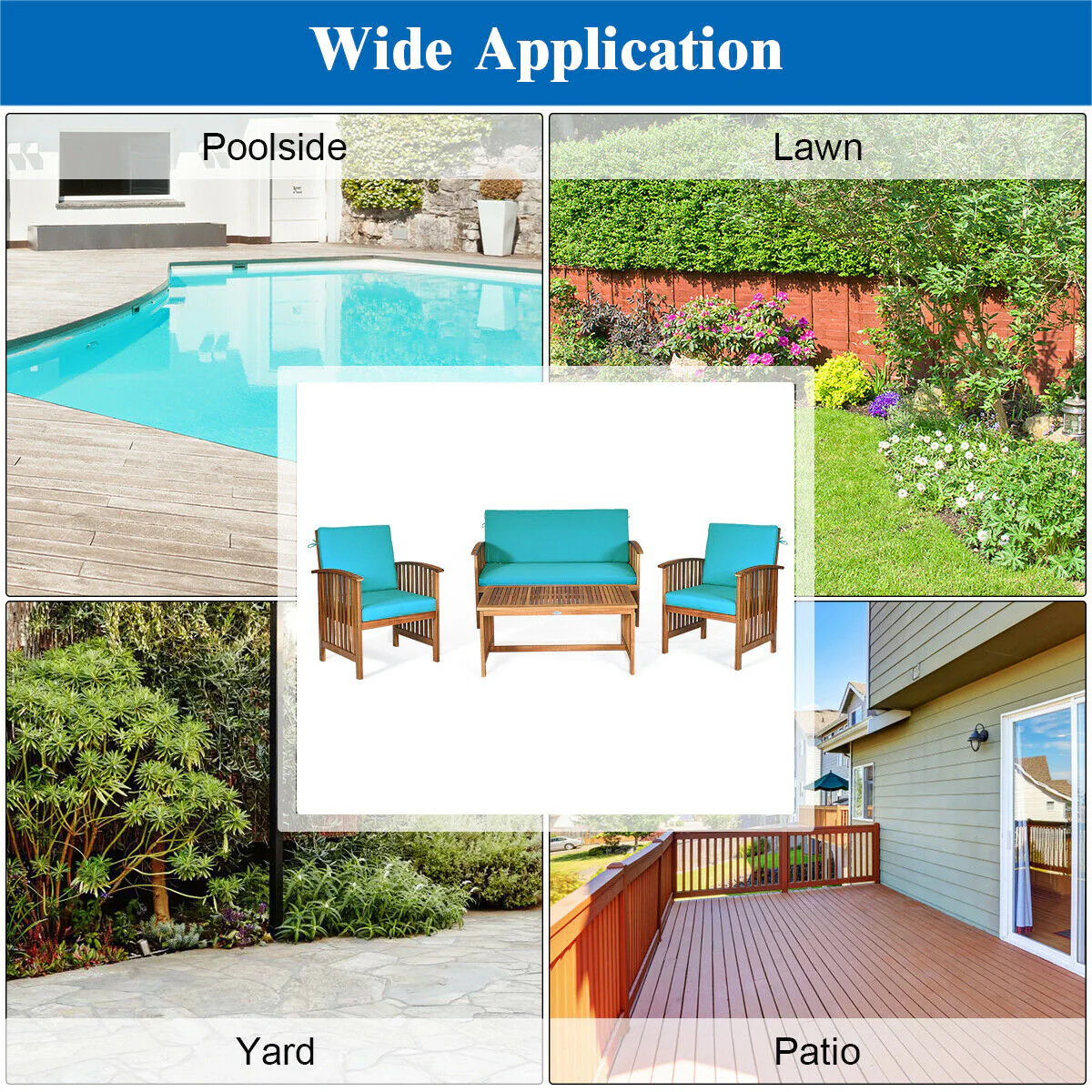 4 Piece Patio Solid Wood Furniture Set, Blue - Image 10