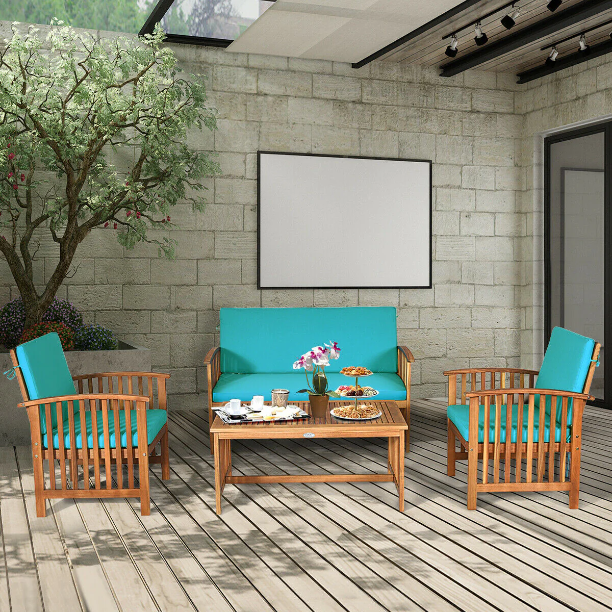 4 Piece Patio Solid Wood Furniture Set, Blue - Image 2