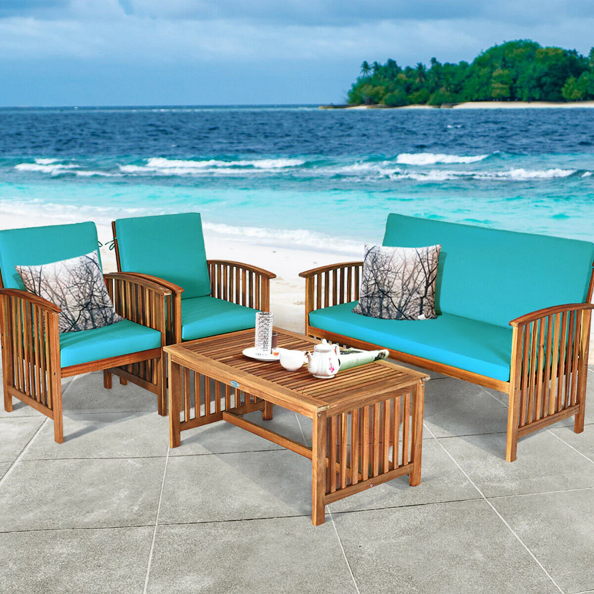 4 Piece Patio Solid Wood Furniture Set, Blue - Image 3