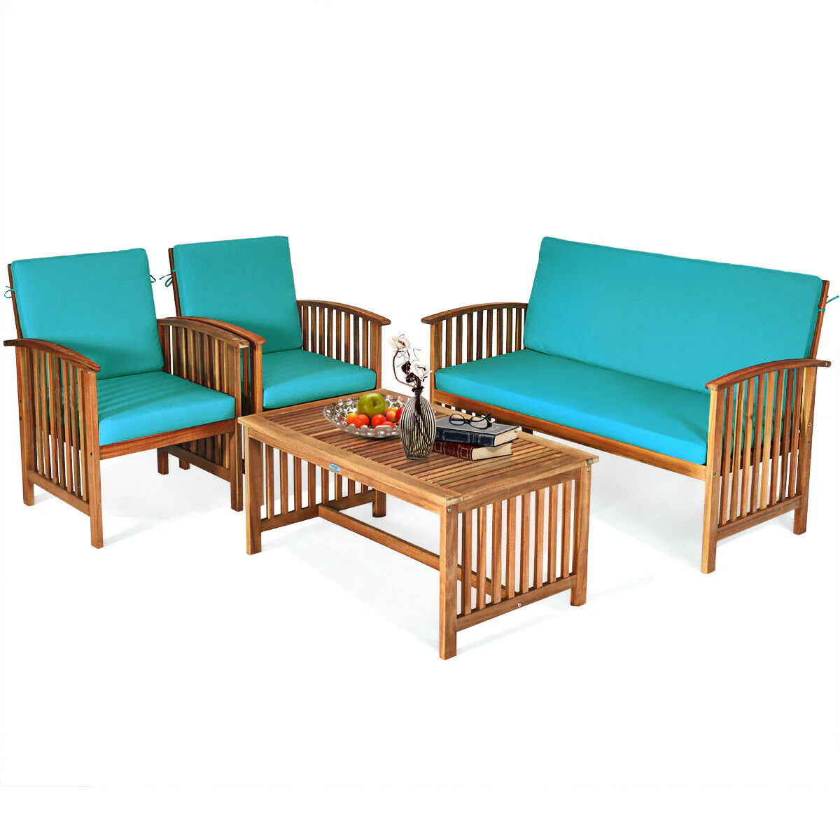 4 Piece Patio Solid Wood Furniture Set, Blue - Image 4