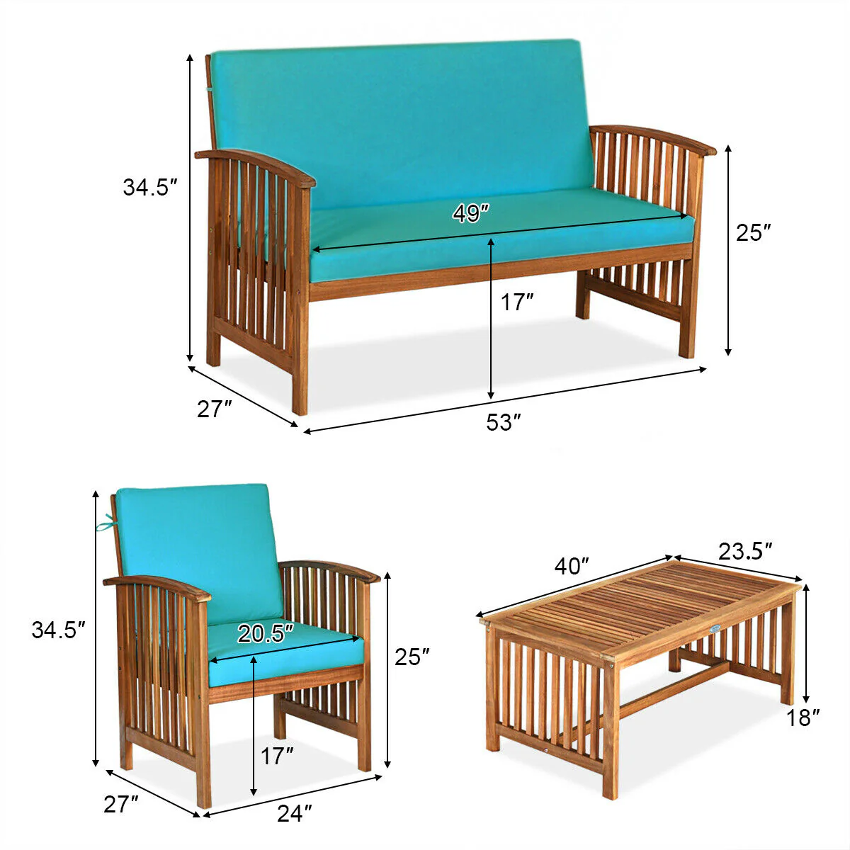 4 Piece Patio Solid Wood Furniture Set, Blue - Image 7