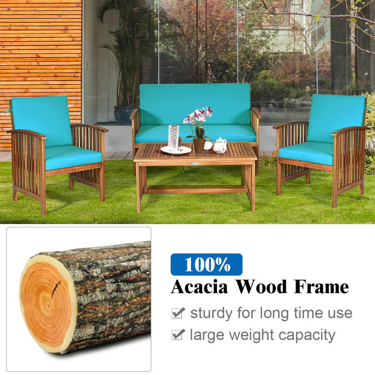 4 Piece Patio Solid Wood Furniture Set, Blue - Image 8