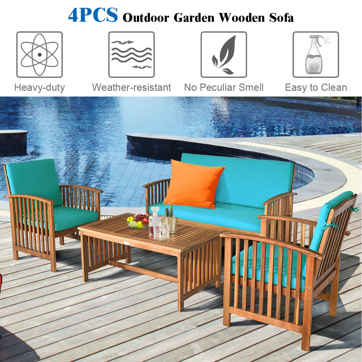 4 Piece Patio Solid Wood Furniture Set, Blue - Image 9