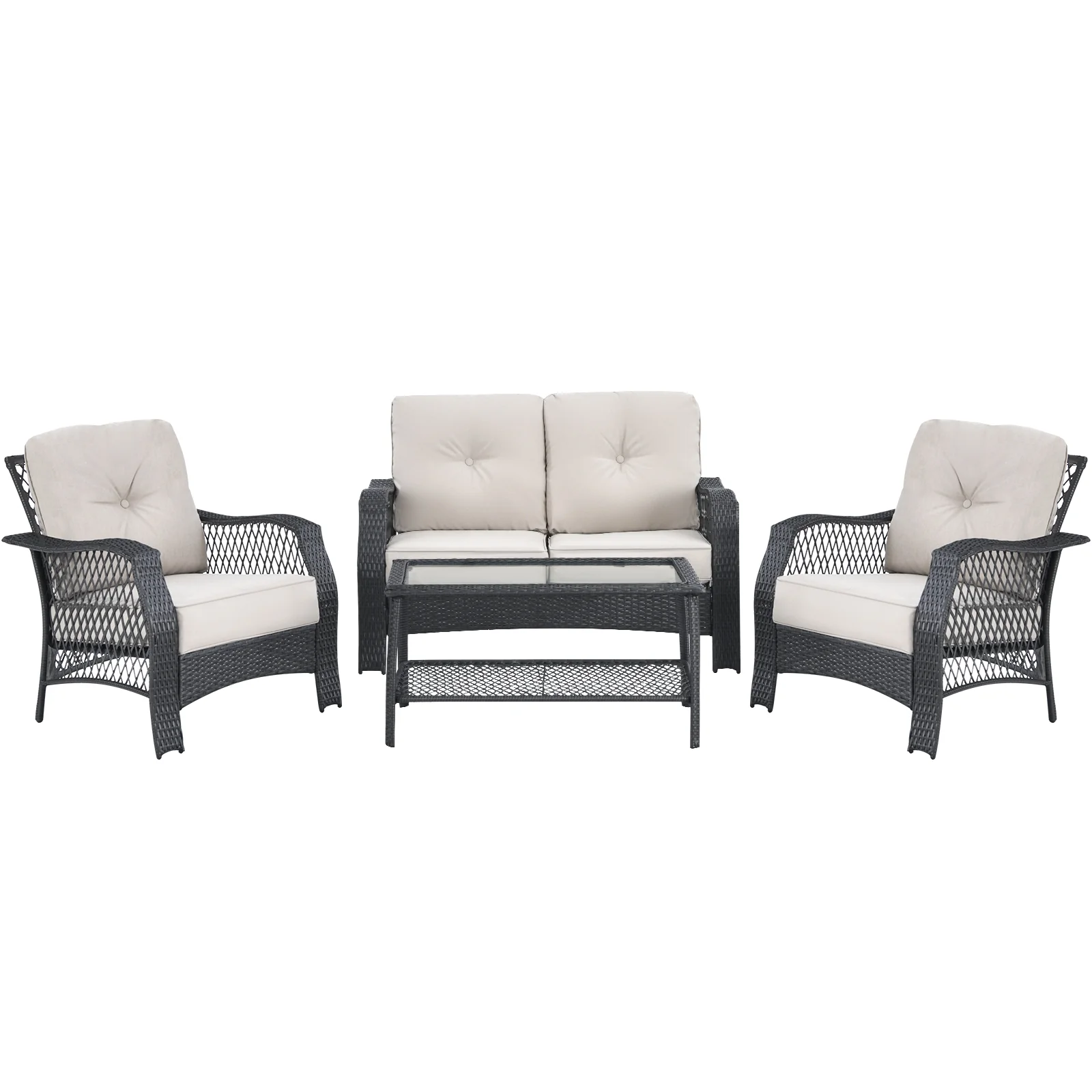 4 Piece Patio Wicker Furniture Set, Loveseat Sofa Coffee Table, Beige