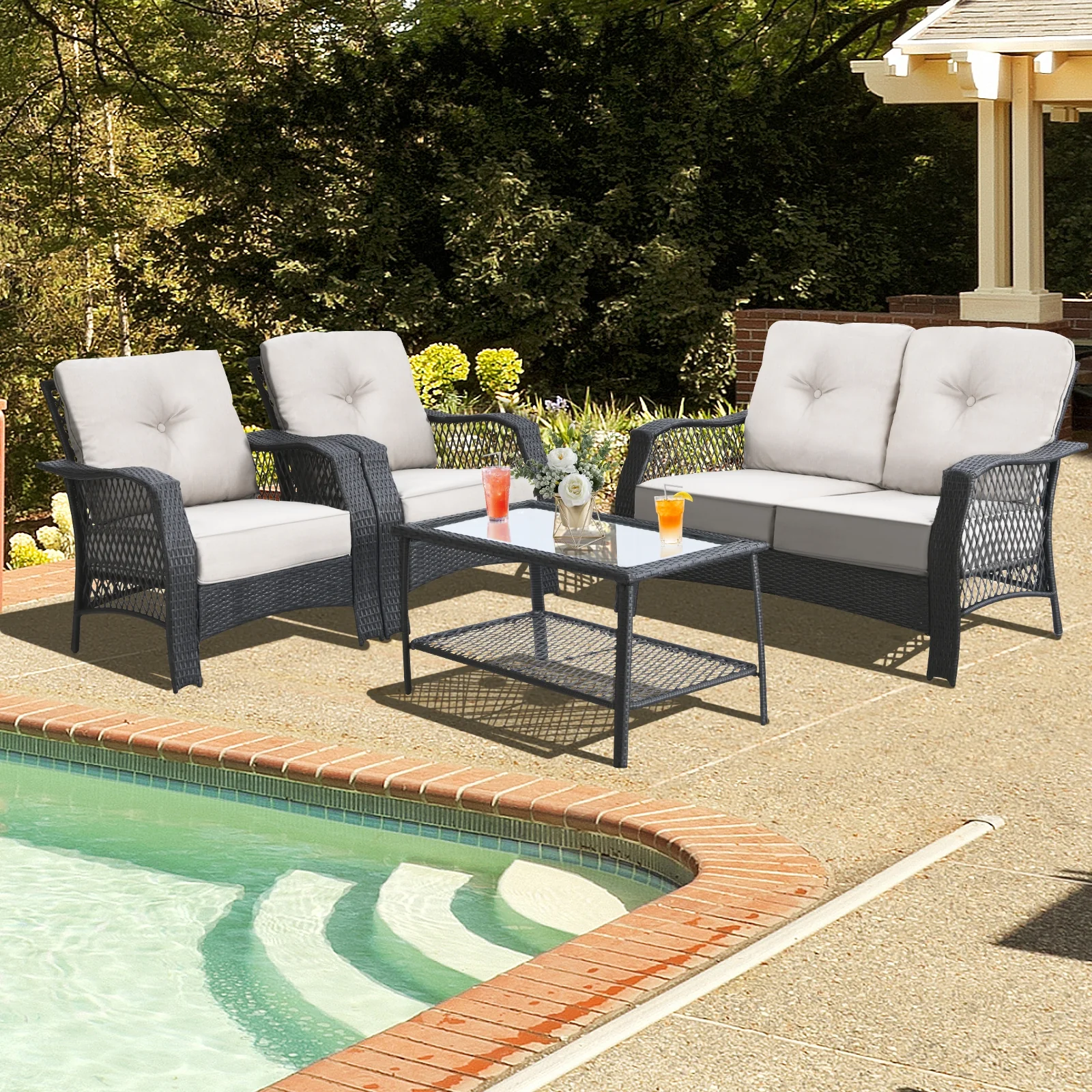 4 Piece Patio Wicker Furniture Set, Loveseat Sofa Coffee Table, Beige - Image 2