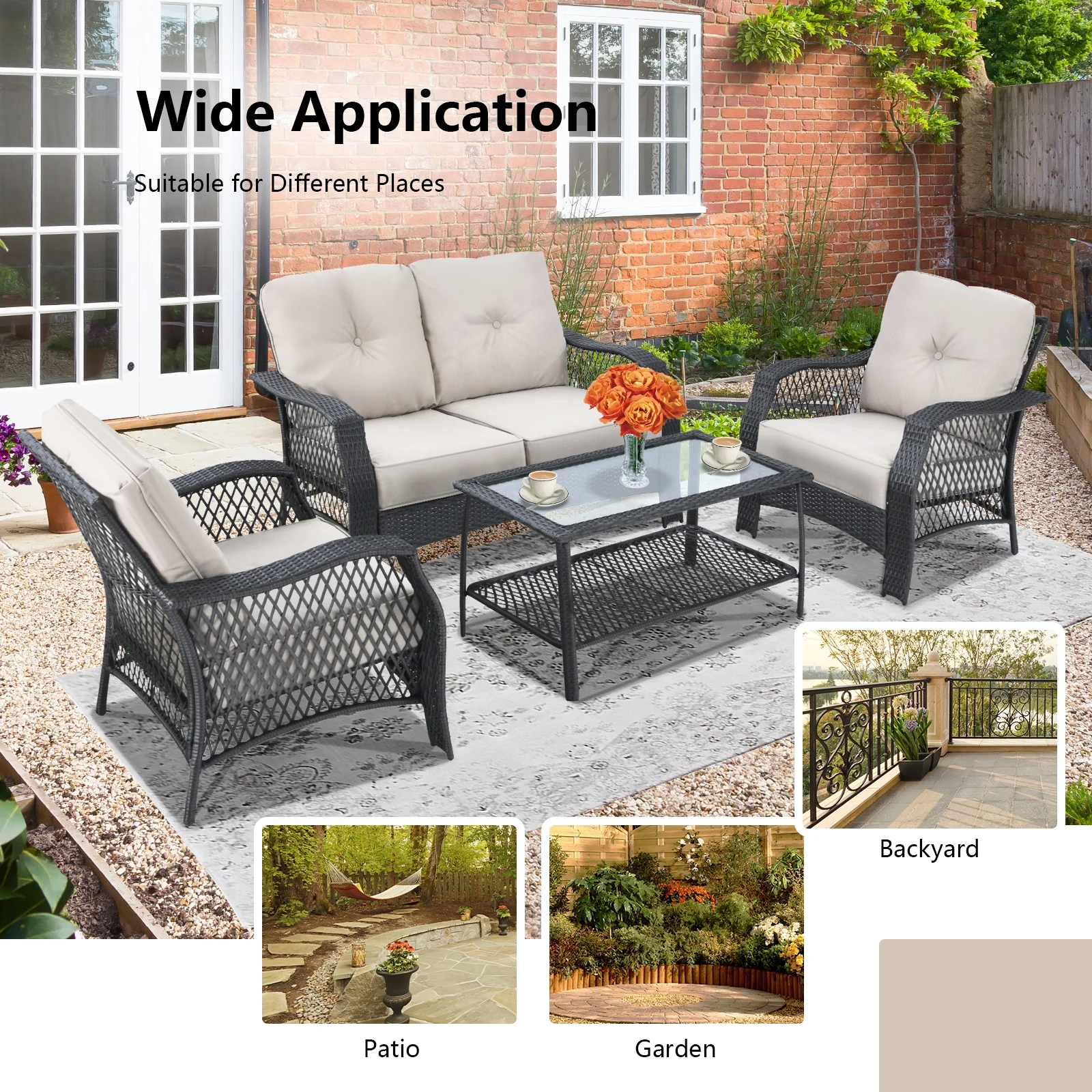 4 Piece Patio Wicker Furniture Set, Loveseat Sofa Coffee Table, Beige - Image 7