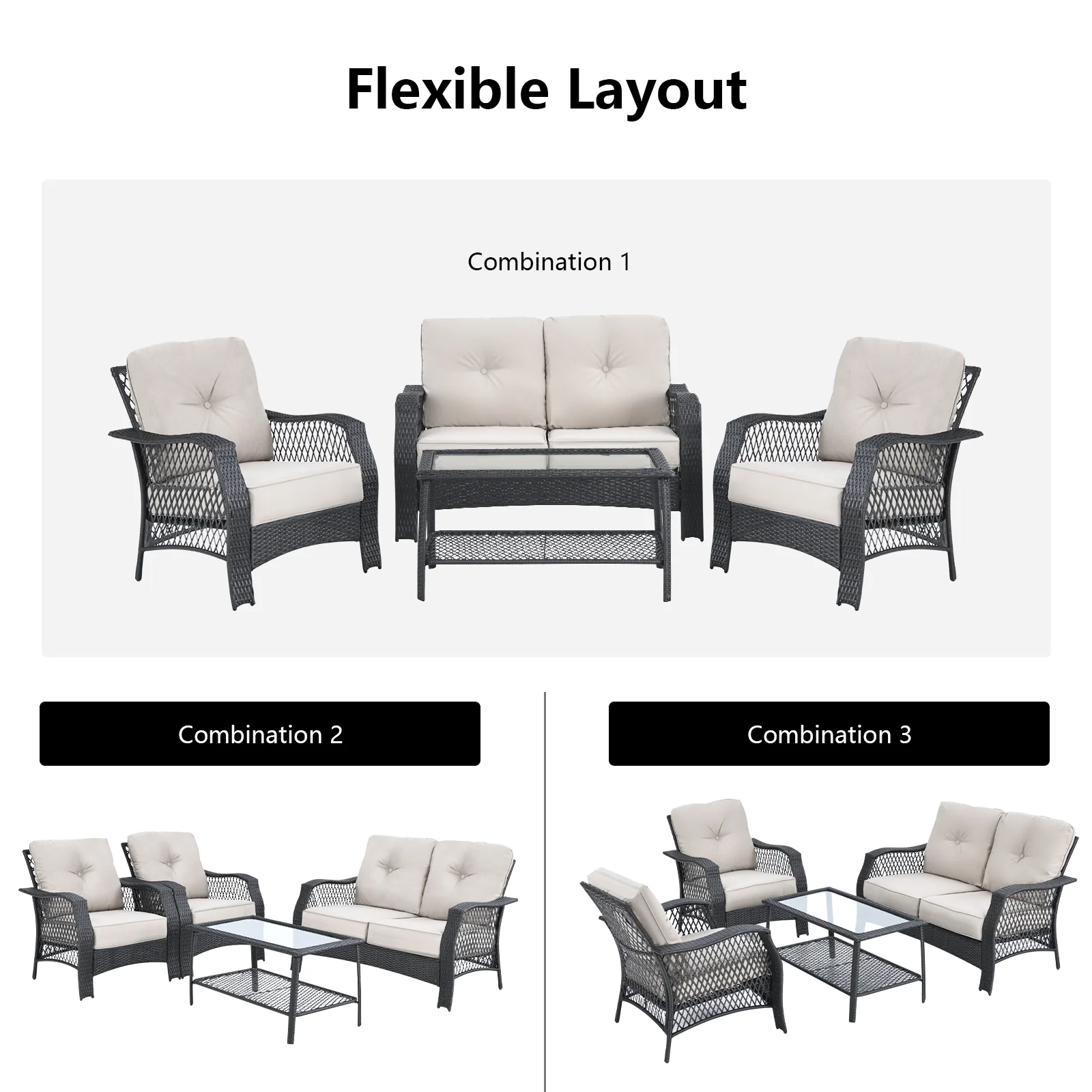 4 Piece Patio Wicker Furniture Set, Loveseat Sofa Coffee Table, Beige - Image 8
