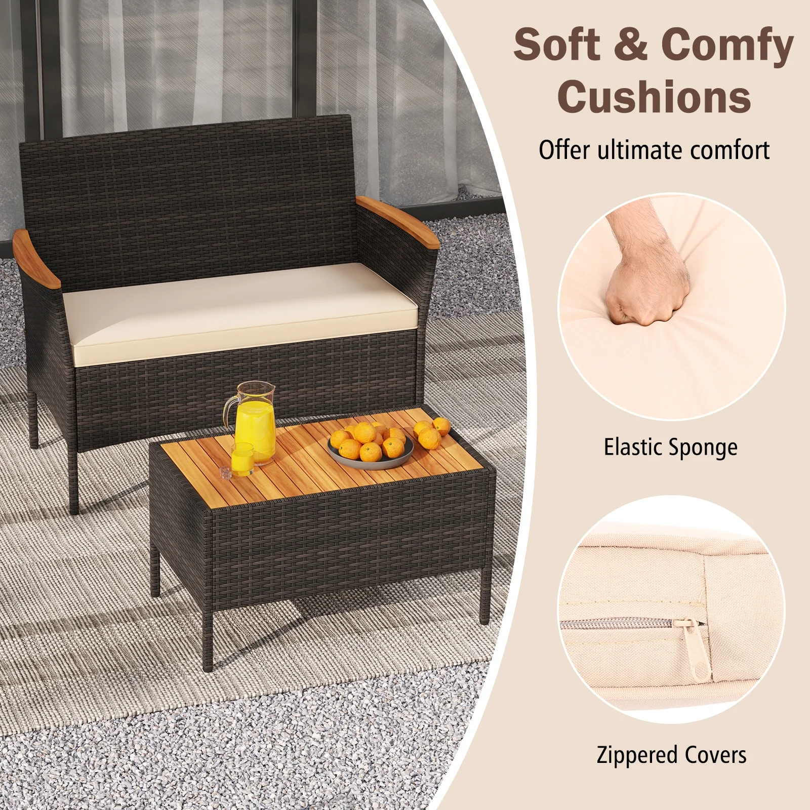 4 Piece Patio Wicker Sofa Set, 2 Rattan Chairs and Loveseat with Table, Brown - Image 10